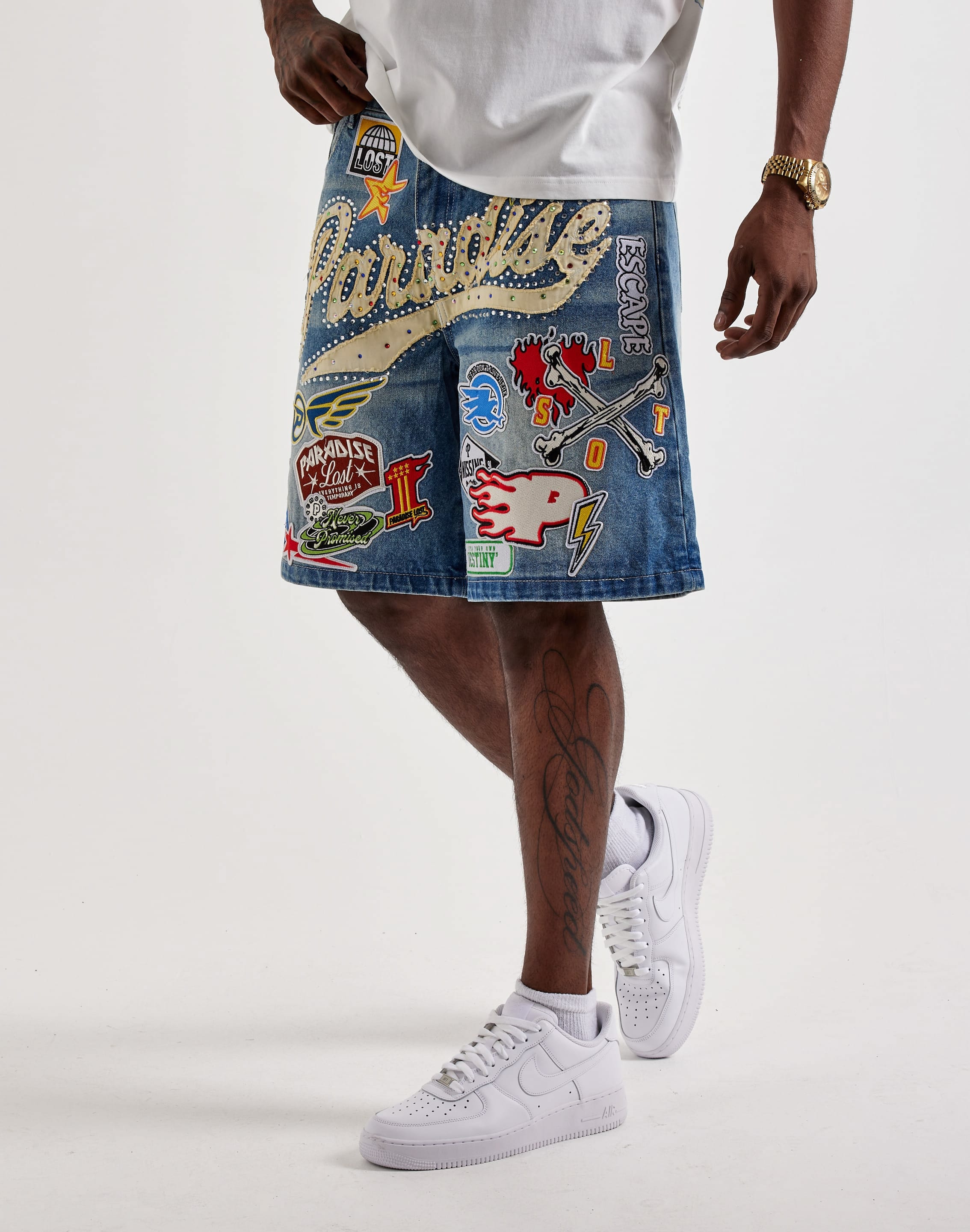 Paradise Lost Allover Patches Denim Shorts