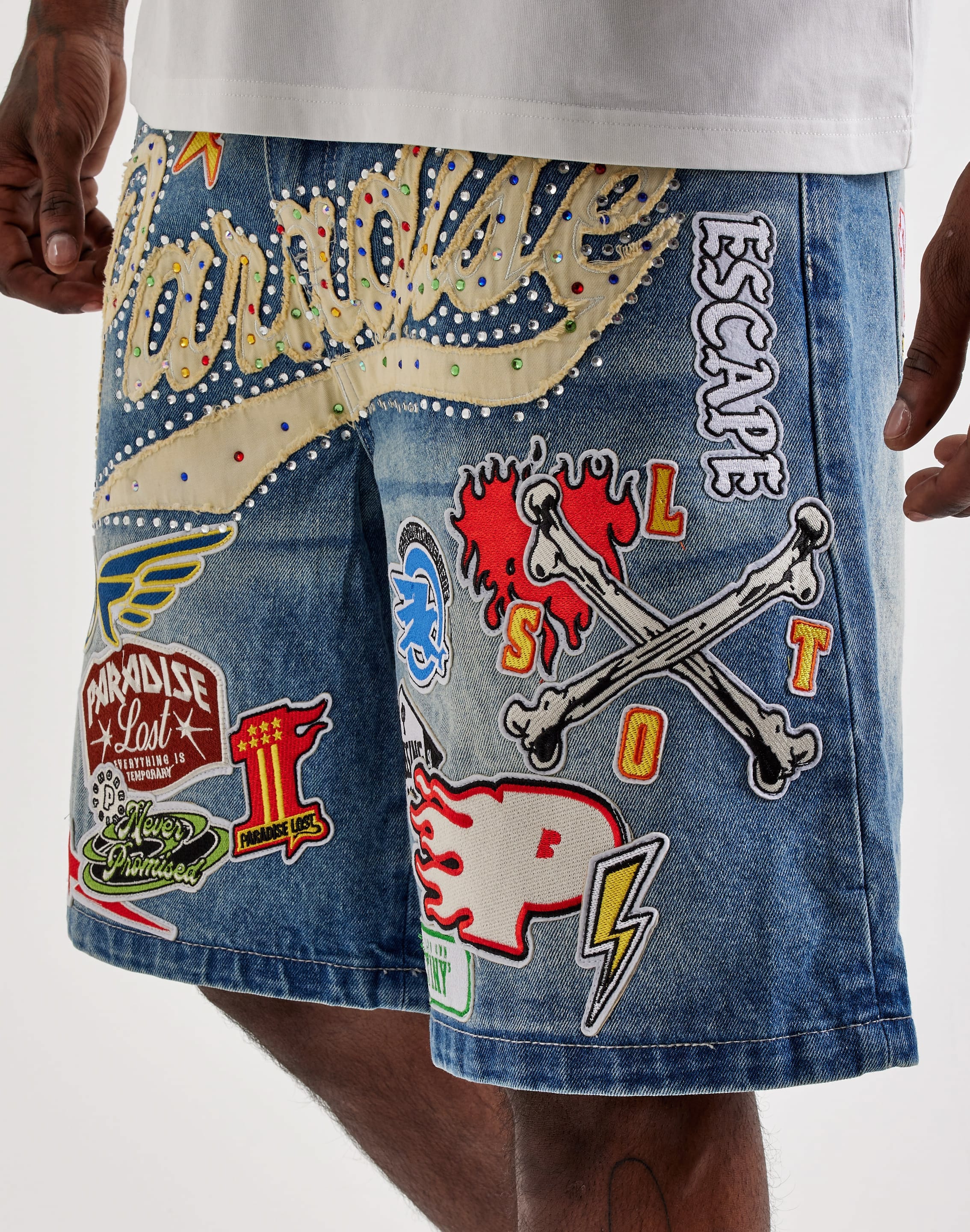Paradise Lost Allover Patches Denim Shorts