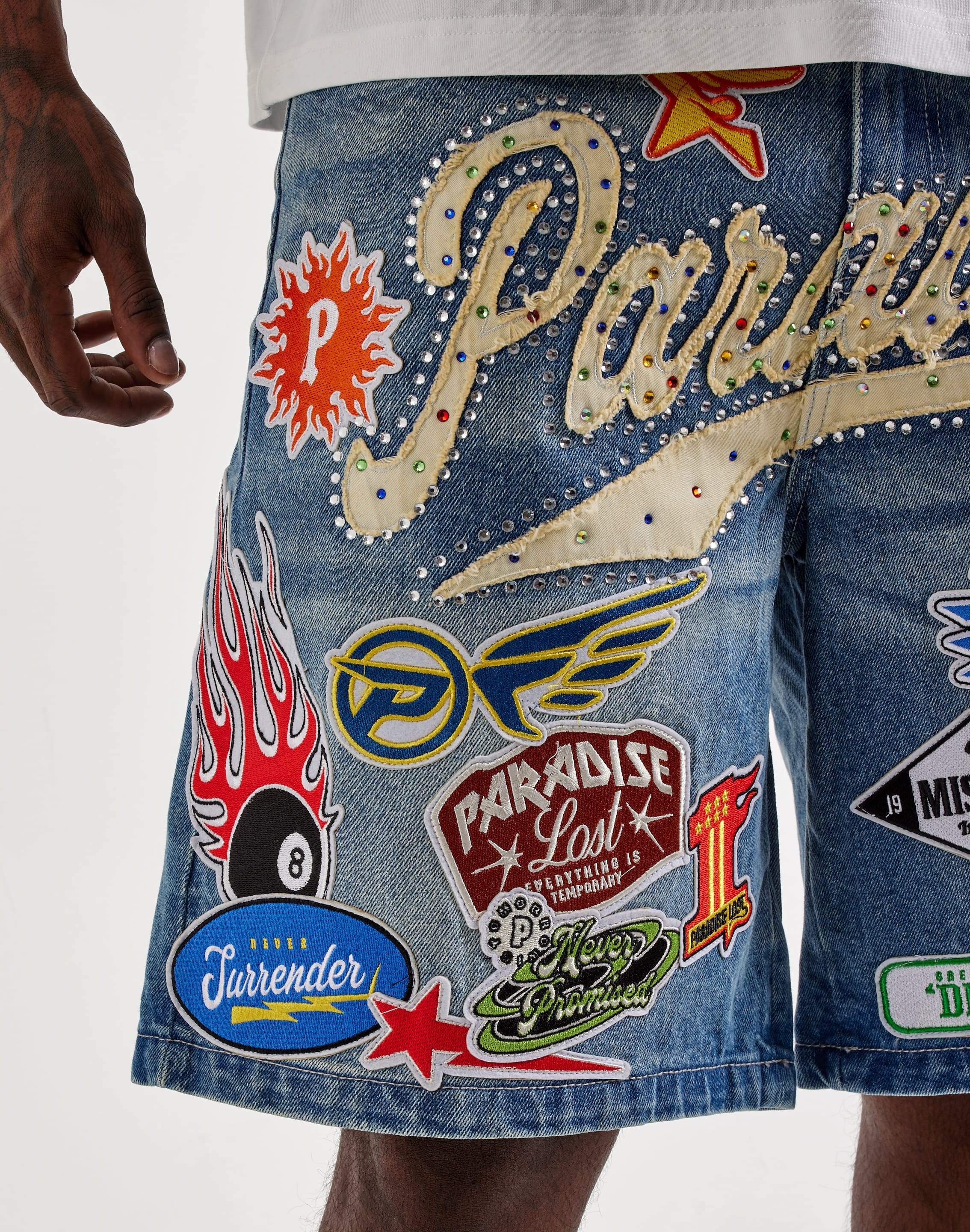 Paradise Lost Allover Patches Denim Shorts