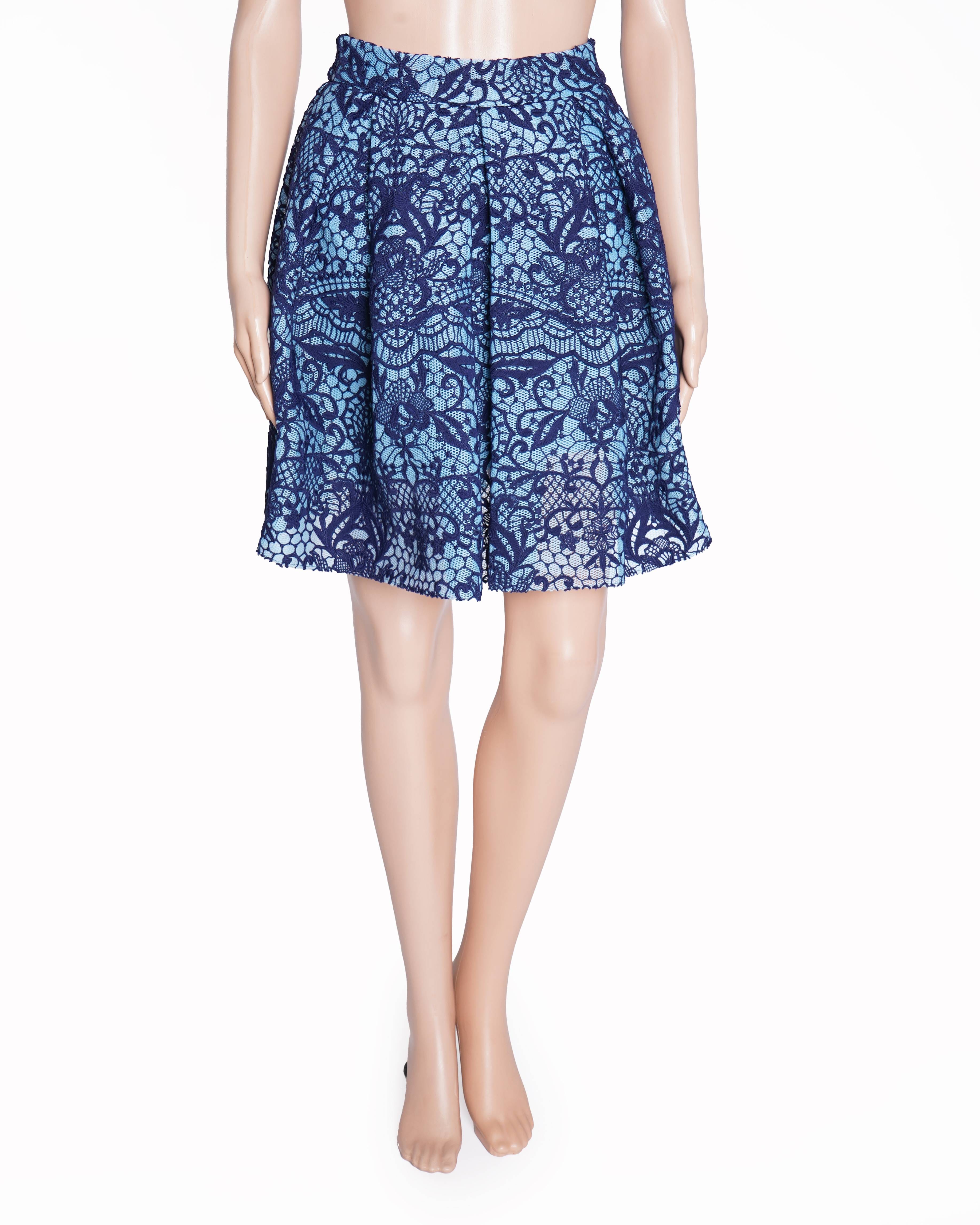 Maje Blue Jeko Pleated Guipure Lace Mesh Skirt 2 Pockets Lined Back Zip
