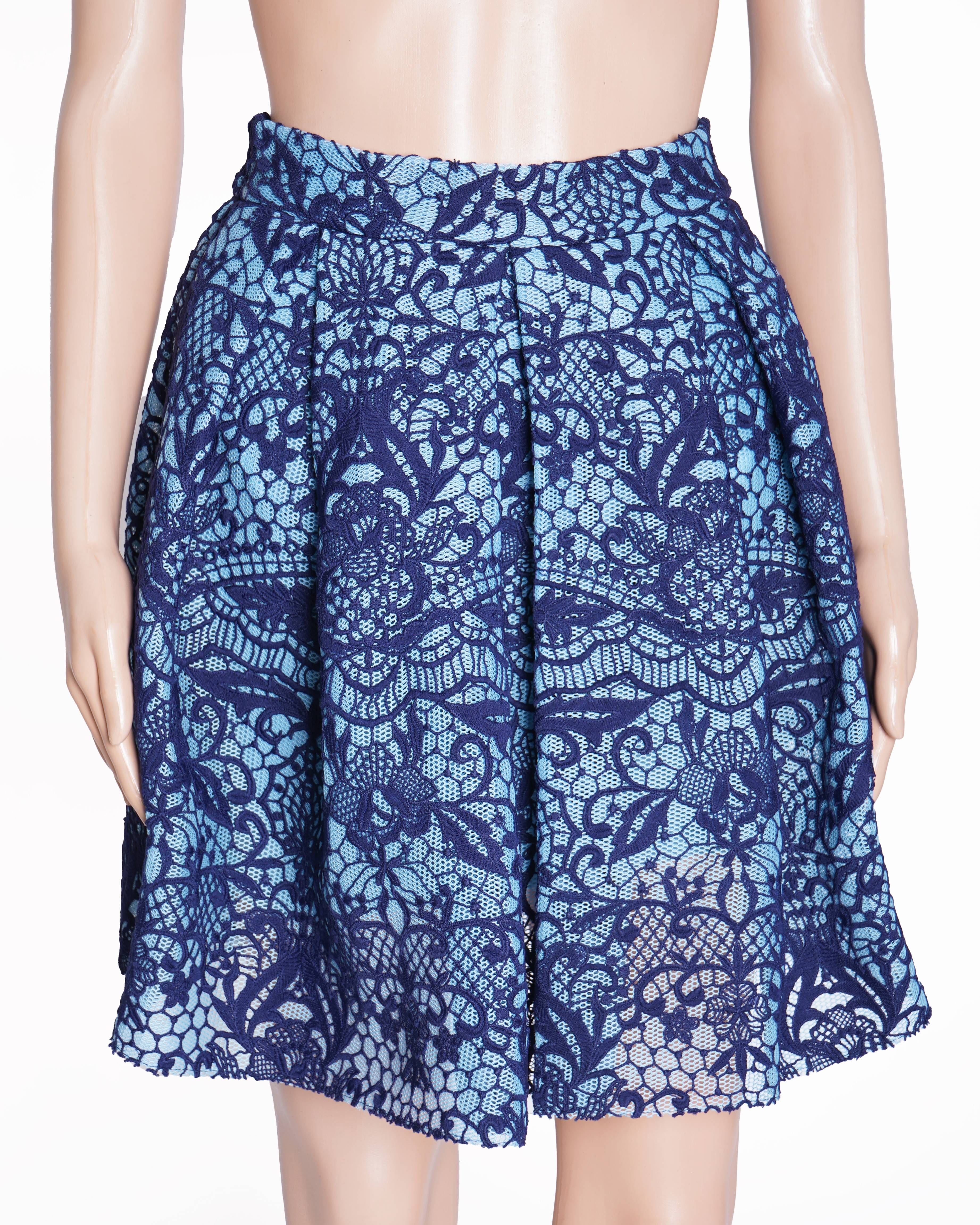 Maje Blue Jeko Pleated Guipure Lace Mesh Skirt 2 Pockets Lined Back Zip