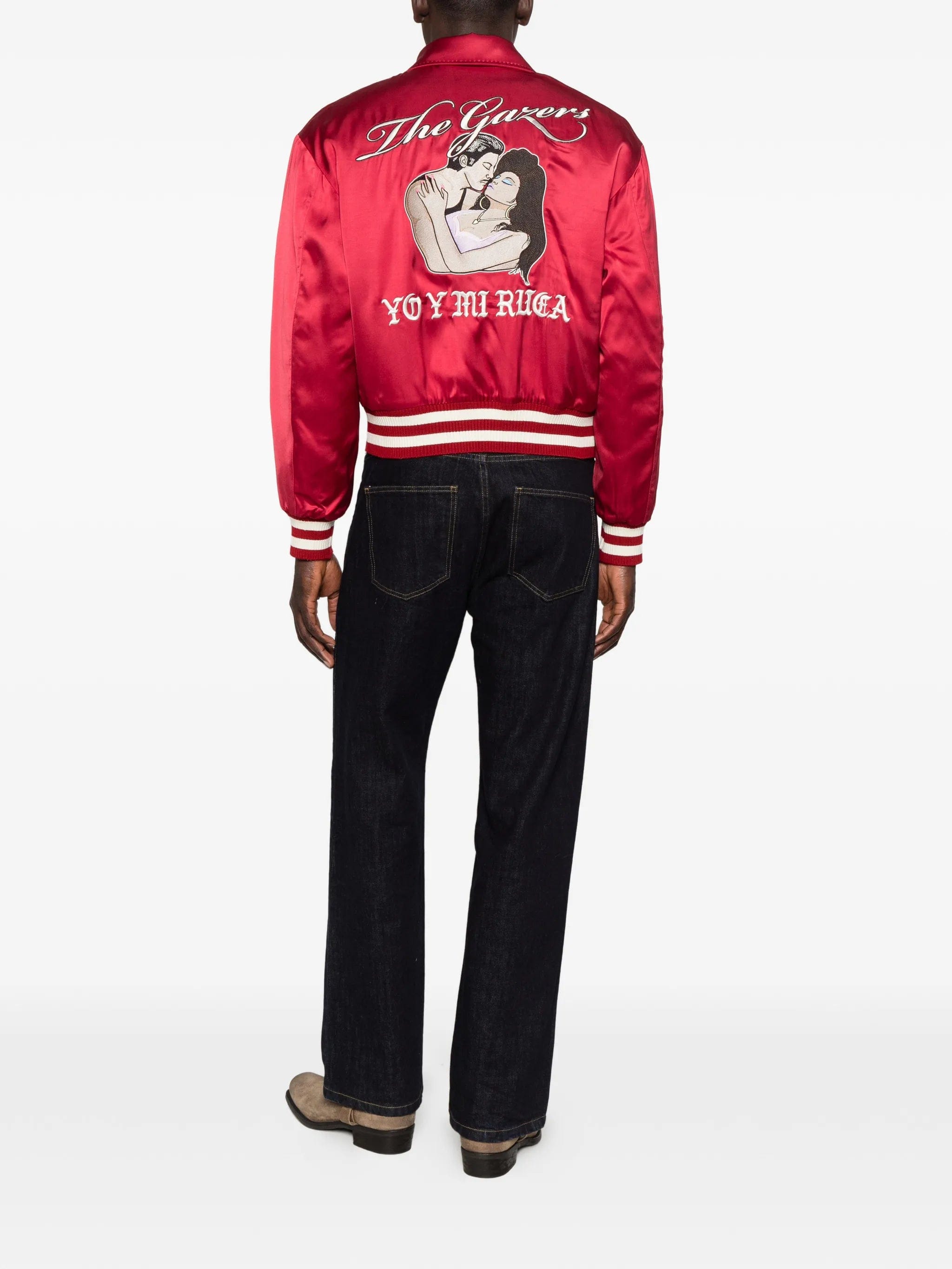 Second/layer satin - finish embroidered bomber jacket