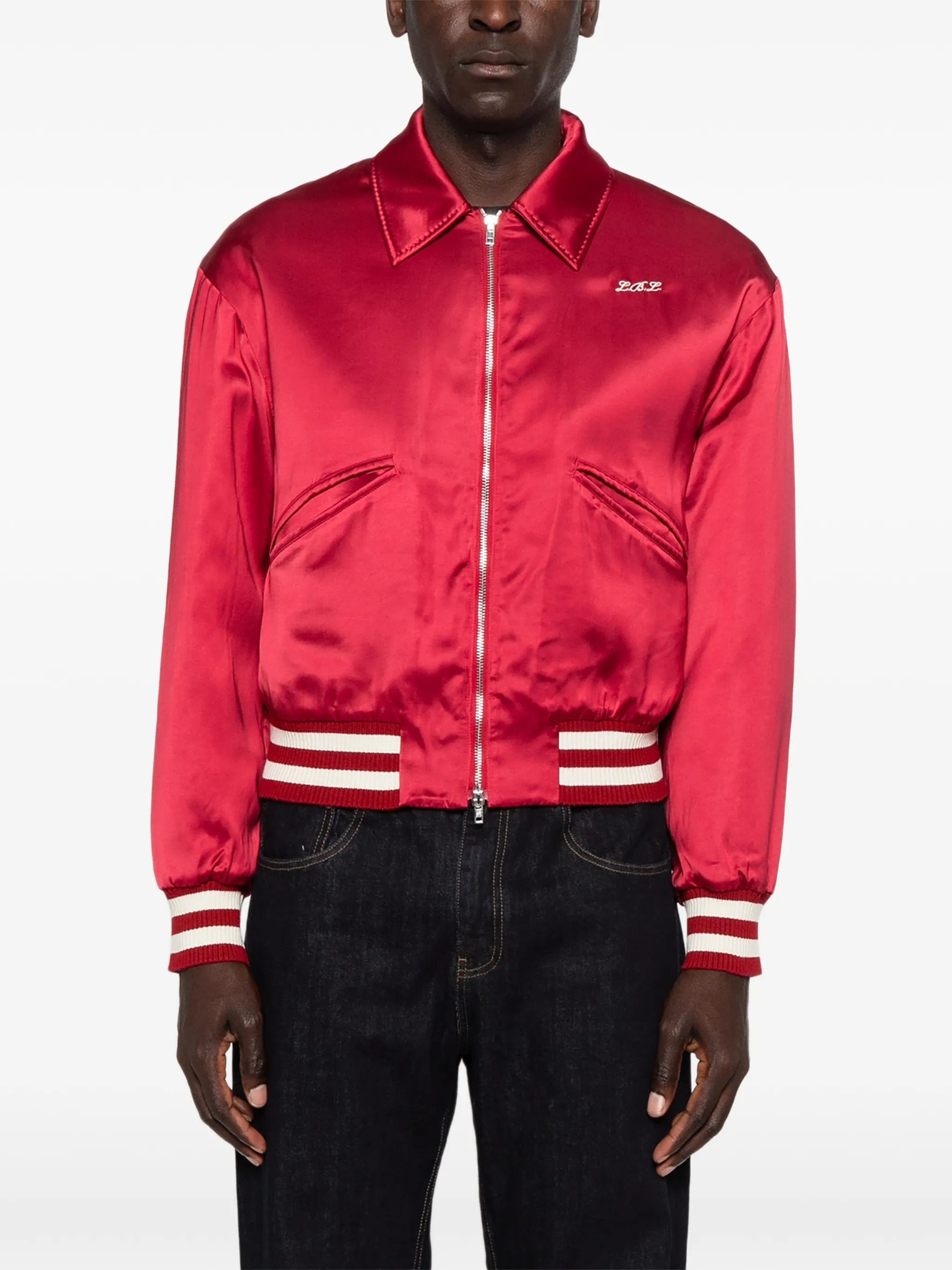 Second/layer satin - finish embroidered bomber jacket