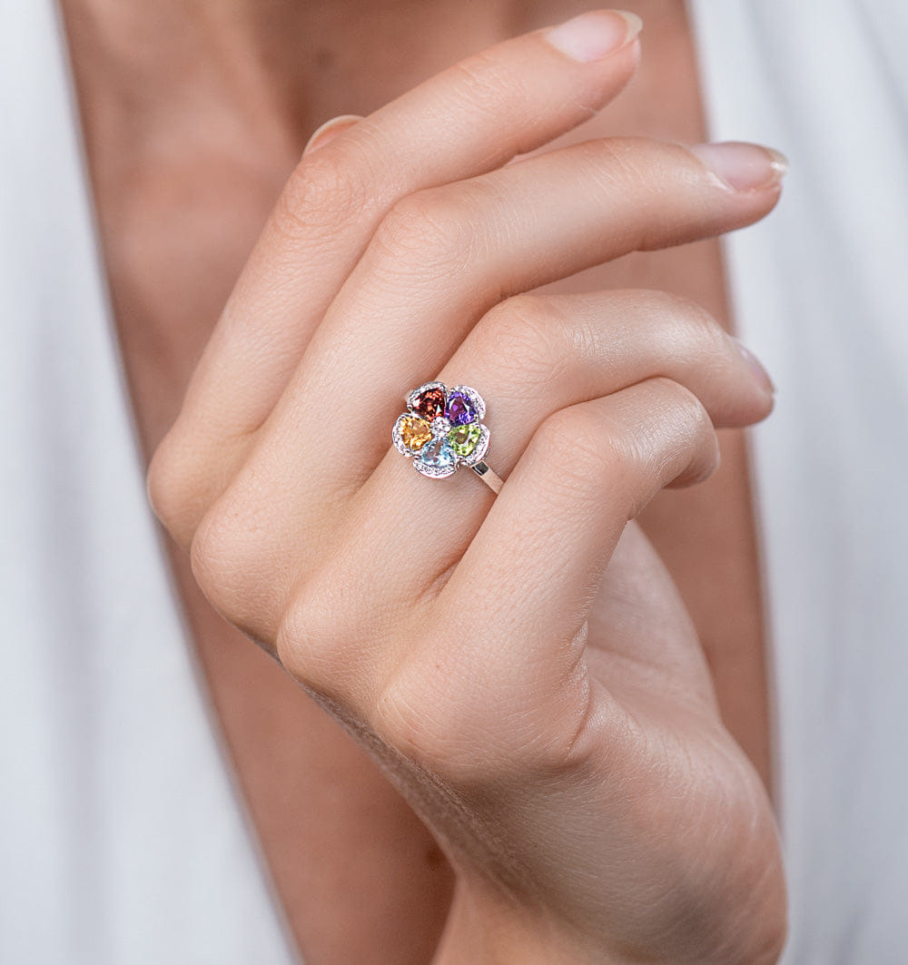 Flower Multi Gem Flower Design Stellato Collection Ring In 9K White Gold