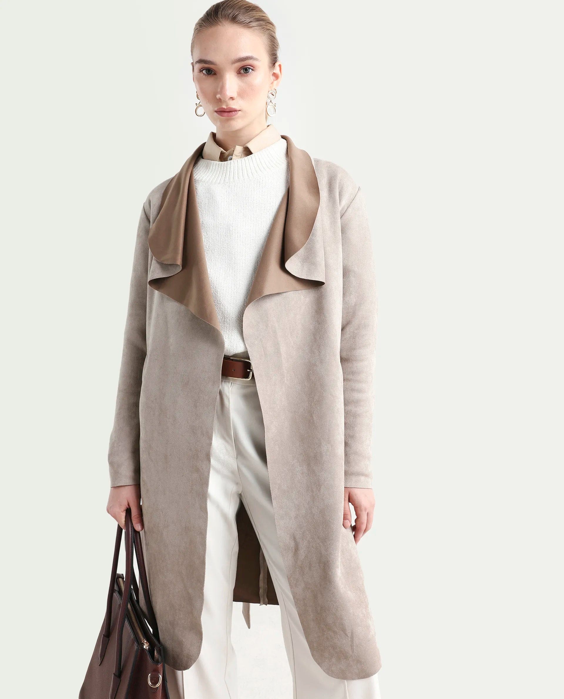 Rareism Women's Palmer - 25 Off White Polyester Blend Fabric Lapel Neck Regular Fit Coat