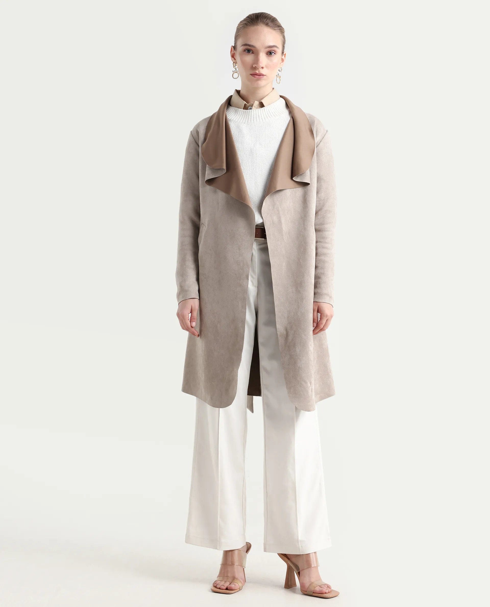 Rareism Women's Palmer - 25 Off White Polyester Blend Fabric Lapel Neck Regular Fit Coat