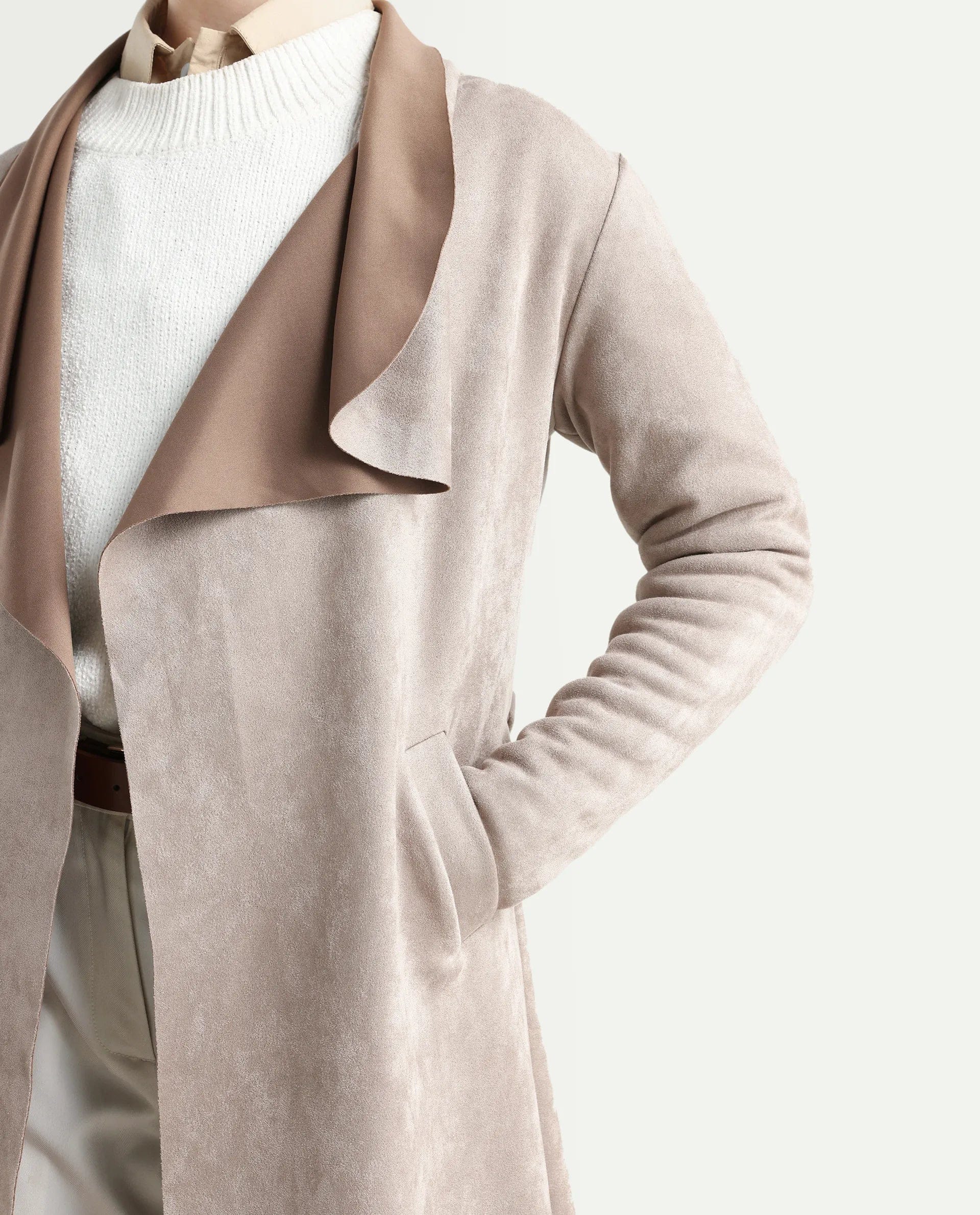 Rareism Women's Palmer - 25 Off White Polyester Blend Fabric Lapel Neck Regular Fit Coat