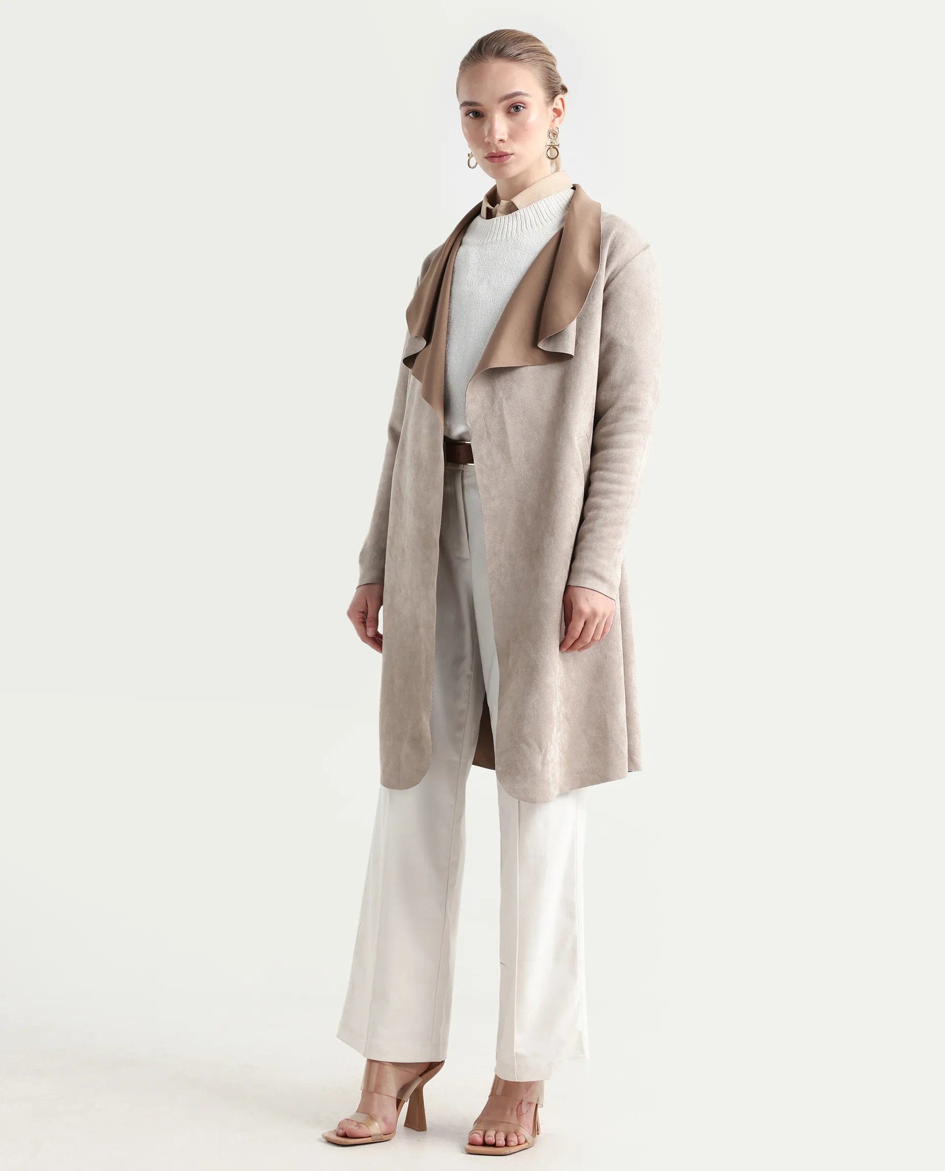 Rareism Women's Palmer - 25 Off White Polyester Blend Fabric Lapel Neck Regular Fit Coat