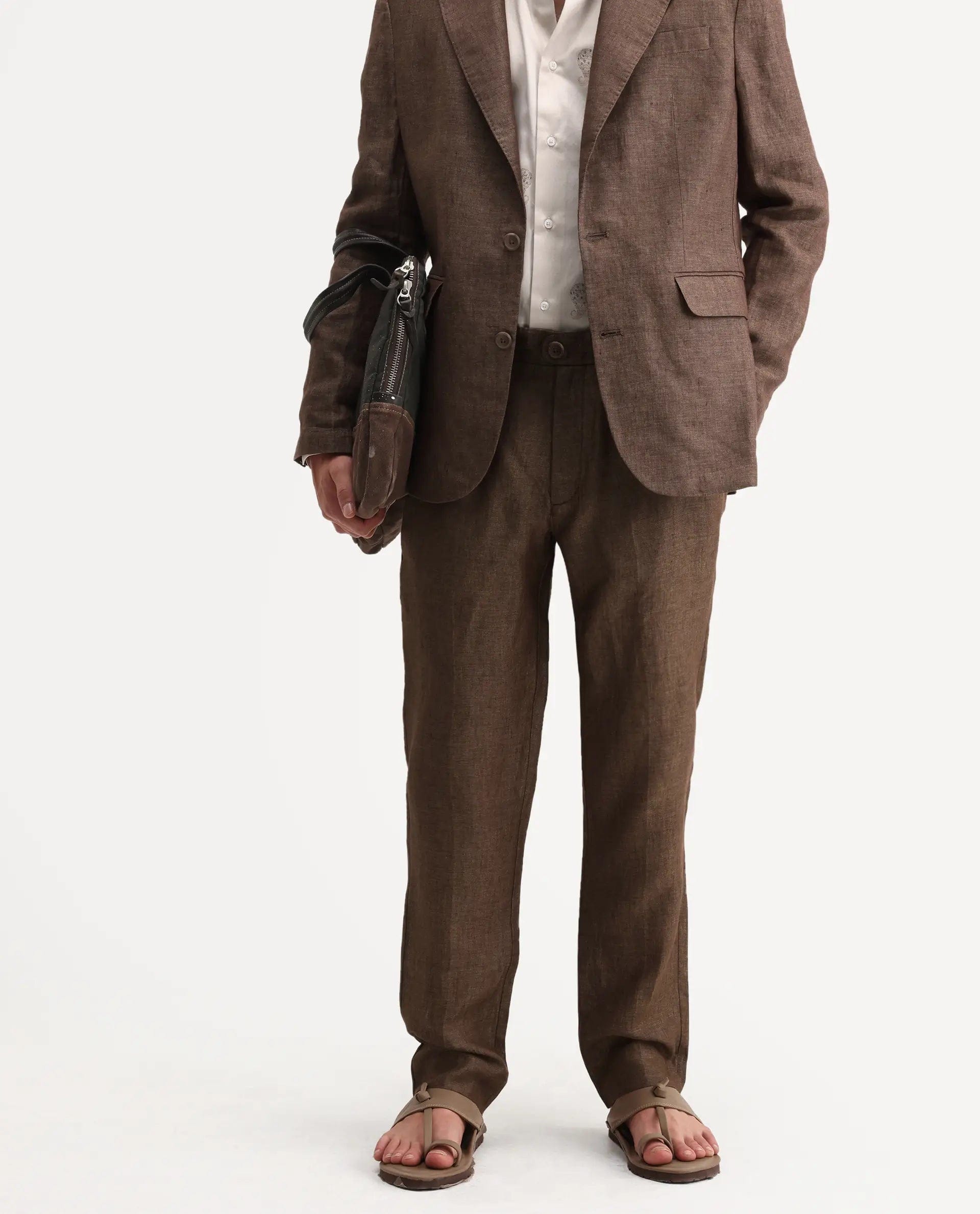 RARE Rabbit Men's Borium - T Brown Linen Fabric Regular Fit Plain Trouser
