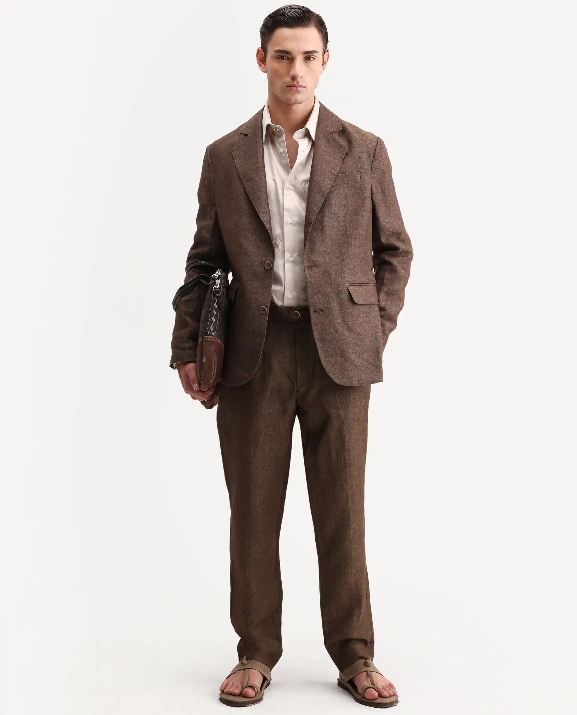 RARE Rabbit Men's Borium - T Brown Linen Fabric Regular Fit Plain Trouser