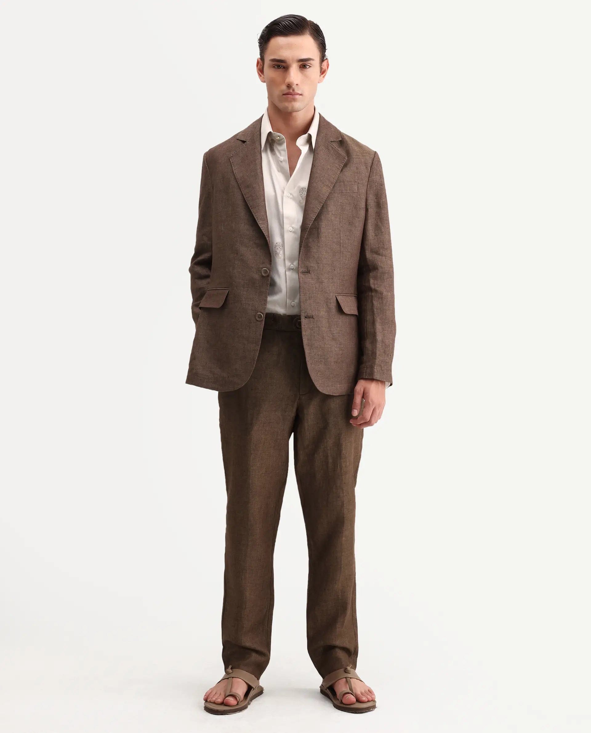 RARE Rabbit Men's Borium - T Brown Linen Fabric Regular Fit Plain Trouser