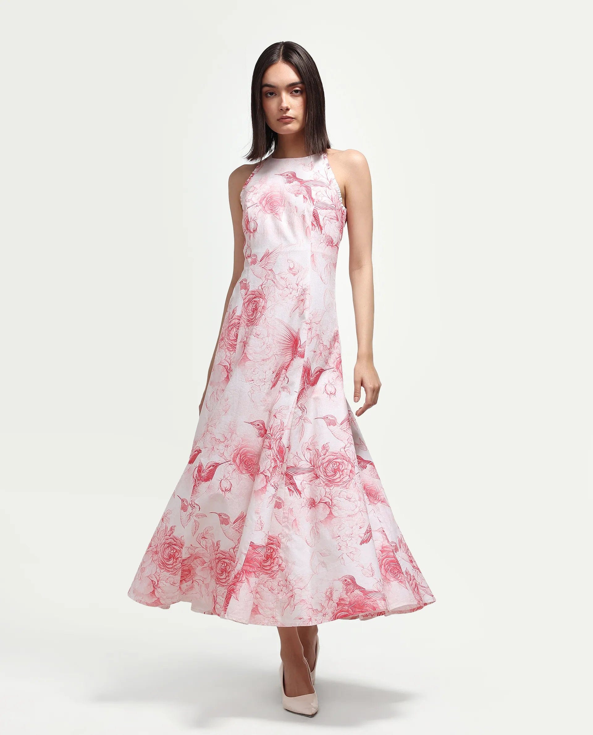 Rareism Women's Hedi Off White Cotton Halter Neck Fit And Flare Floral Print Dress