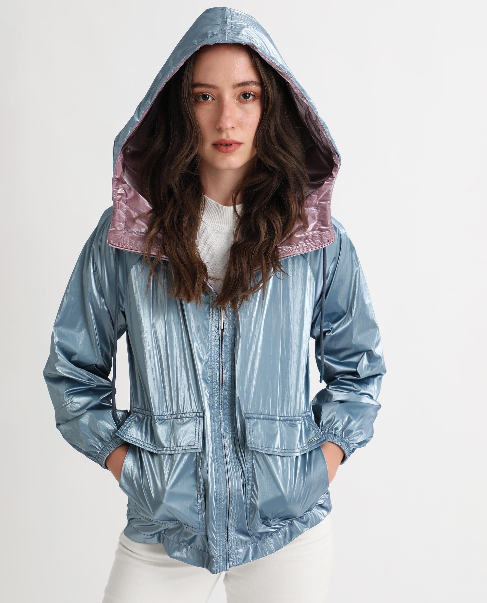 Rareism Women's Erber Pink Polyester Hooded Plain Balloon Sleeve Regular Fit Jacket