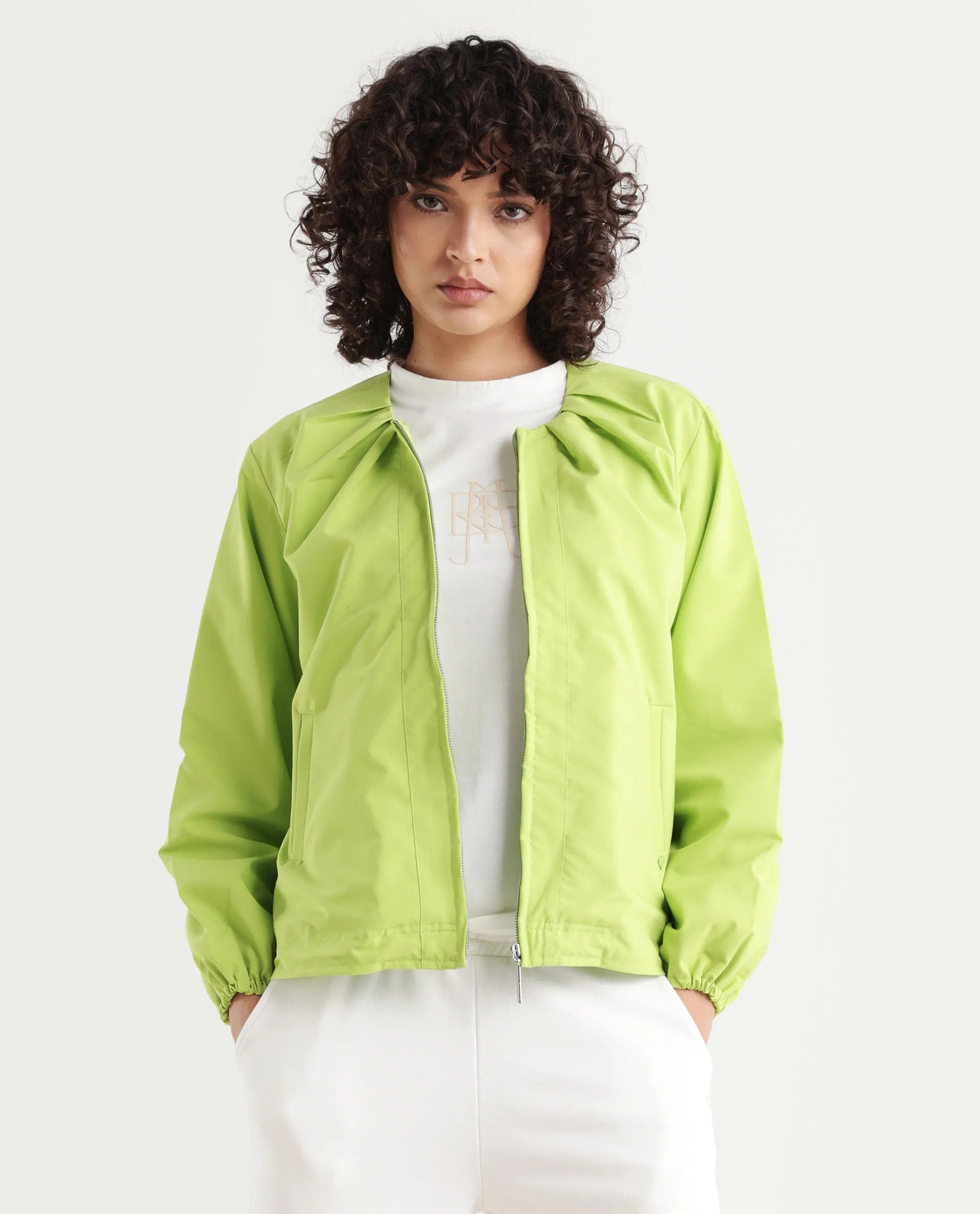 Rareism Women's Dockly Green Round Neck Plain Regular Fit Jacket