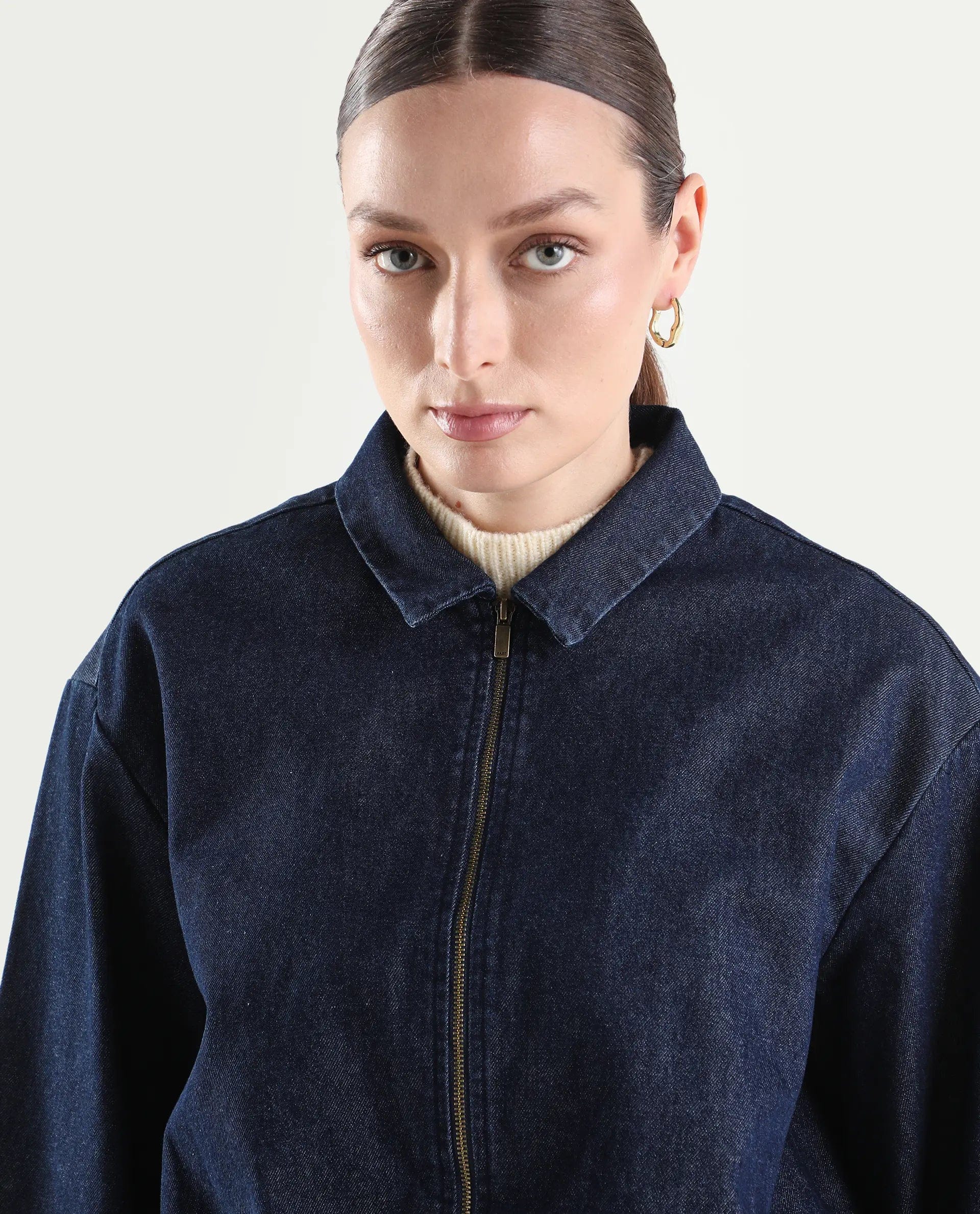 Rareism Women's Denjac Dark Blue Cotton Full Sleeve Regular Fit Plain Jacket