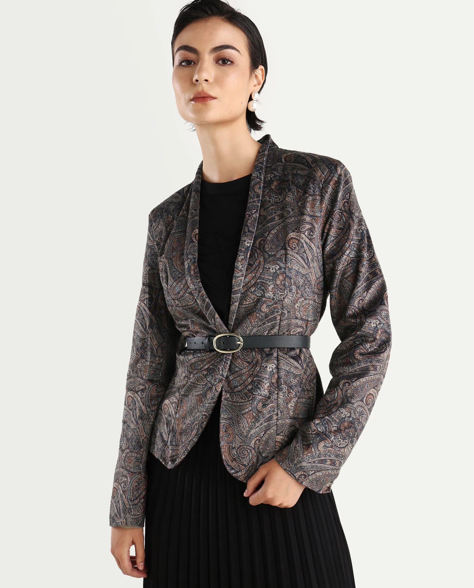 Rareism Women's Resko Multi Polyester Blend Collarless Paisley Print Regular Fit Jacket