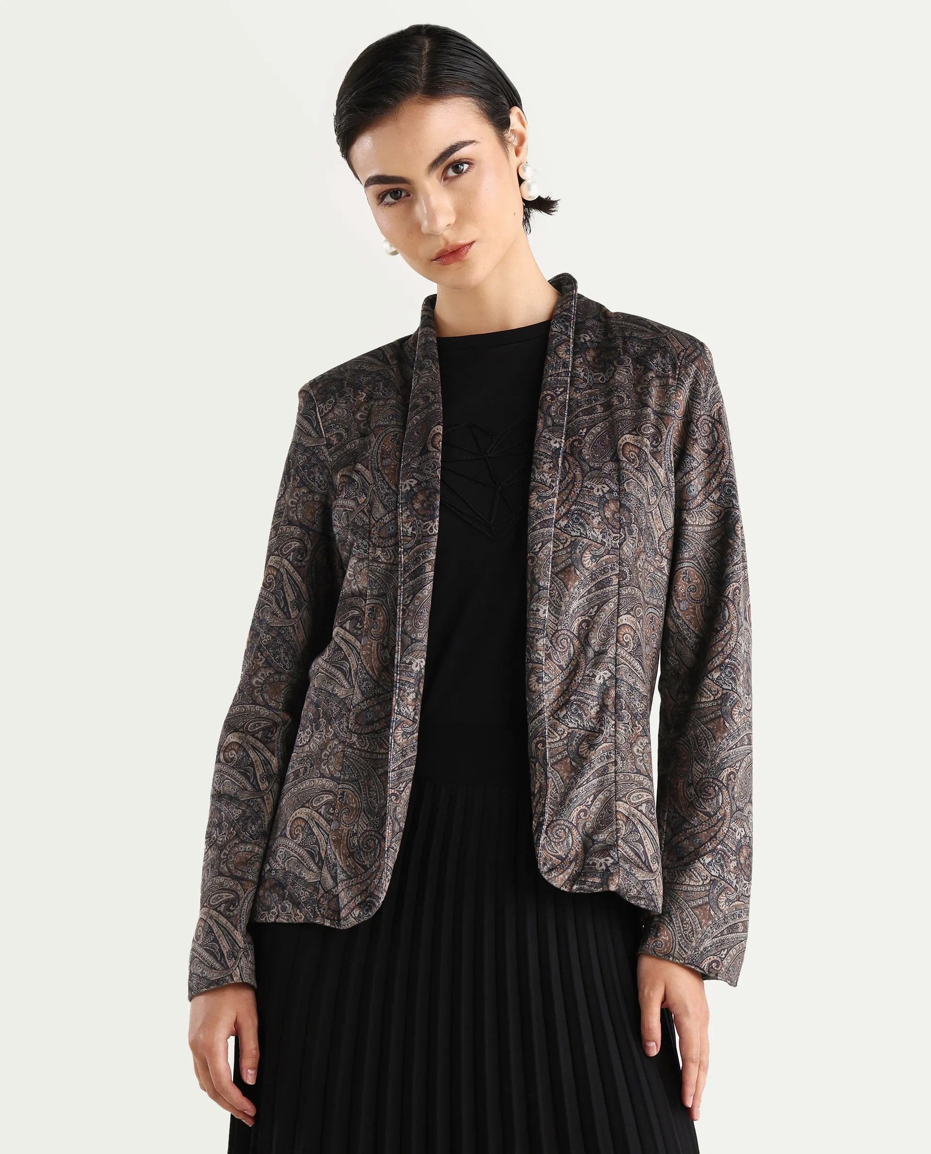 Rareism Women's Resko Multi Polyester Blend Collarless Paisley Print Regular Fit Jacket