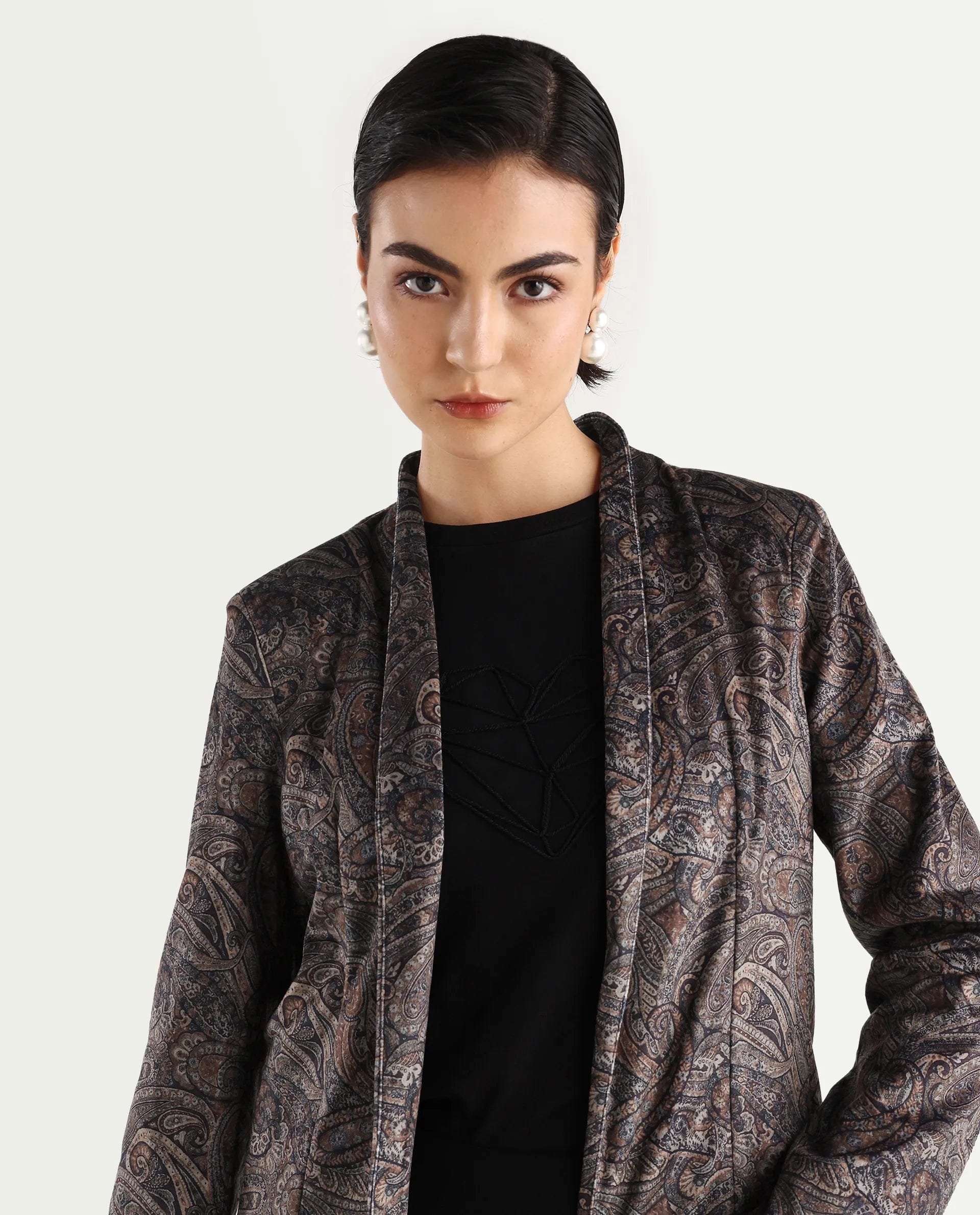 Rareism Women's Resko Multi Polyester Blend Collarless Paisley Print Regular Fit Jacket
