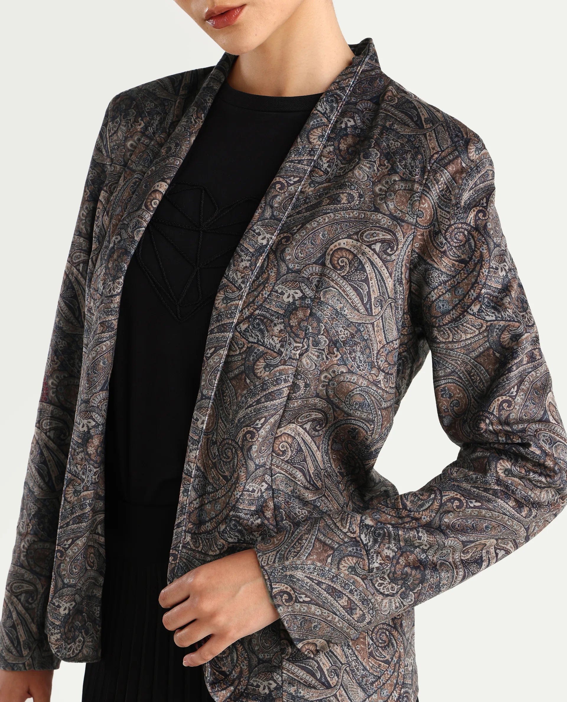 Rareism Women's Resko Multi Polyester Blend Collarless Paisley Print Regular Fit Jacket