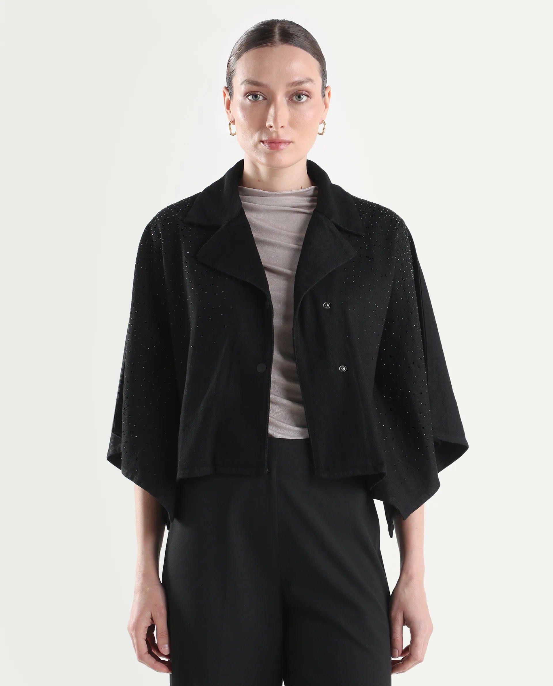 Rareism Women's Denmar Dark Blue Cotton Spread Collar Regular Plain Jacket