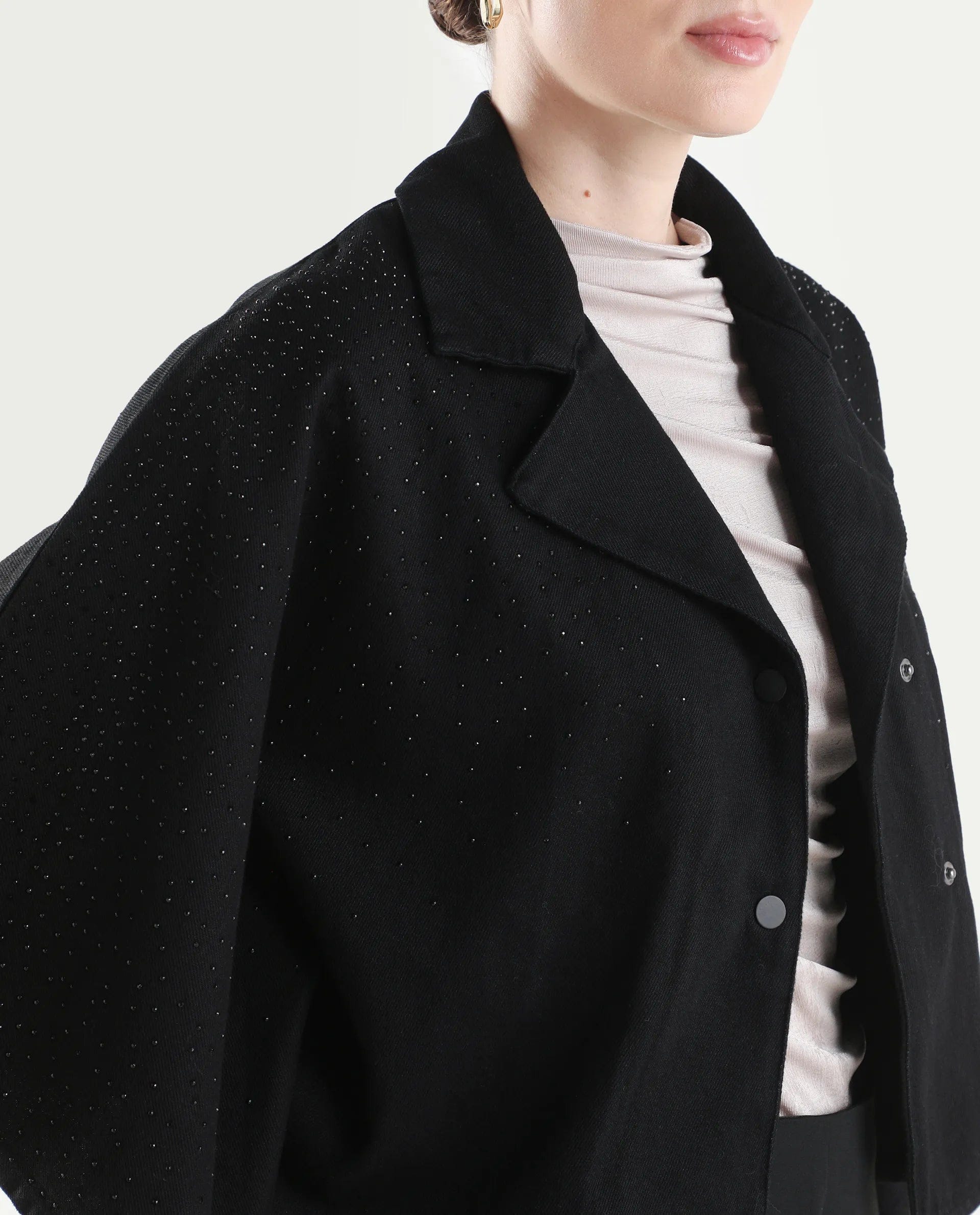 Rareism Women's Denmar Dark Blue Cotton Spread Collar Regular Plain Jacket
