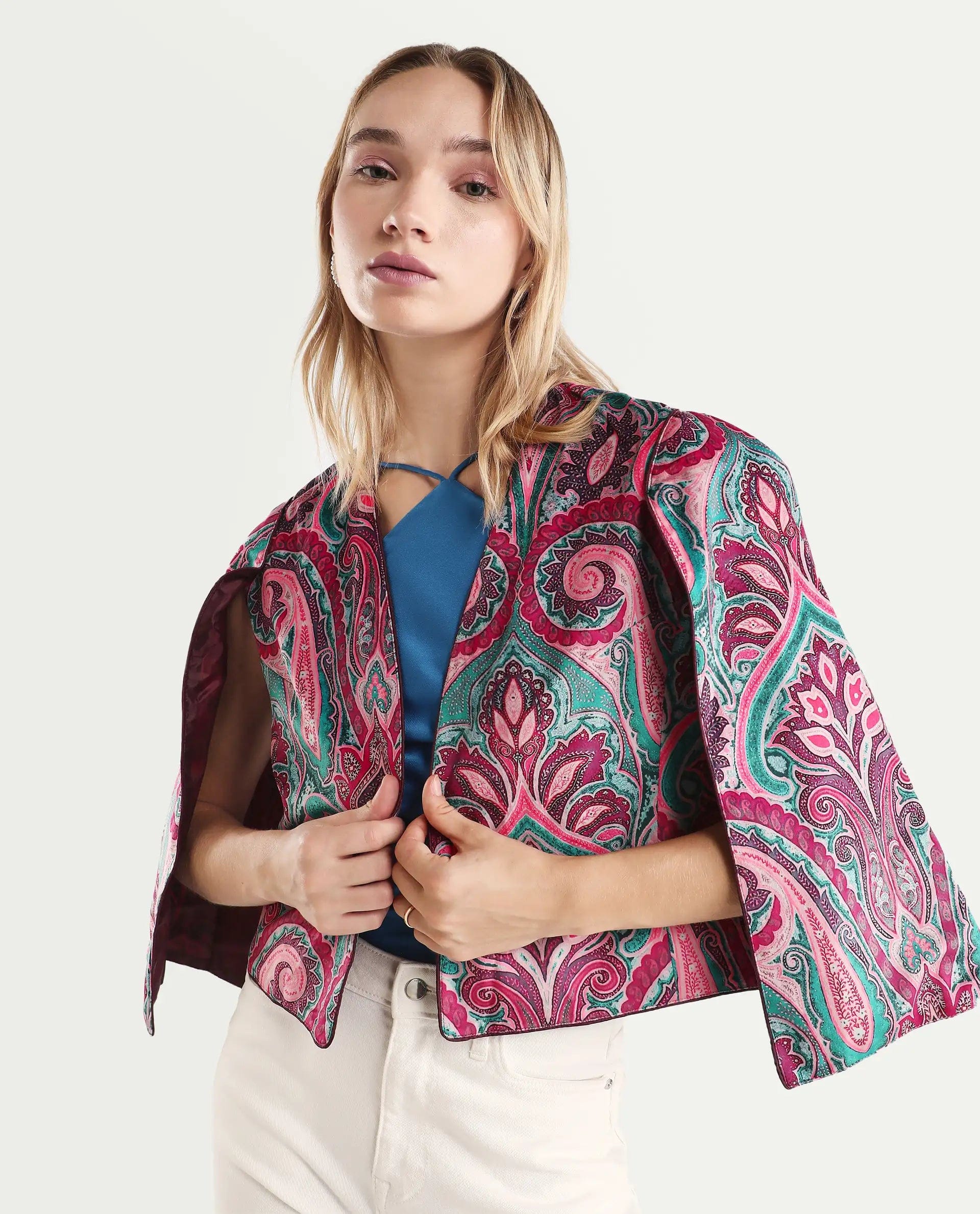Rareism Women's Fewdy Multi Polyester Blend Collarless Paisley Print Crop Regular Fit Jacket
