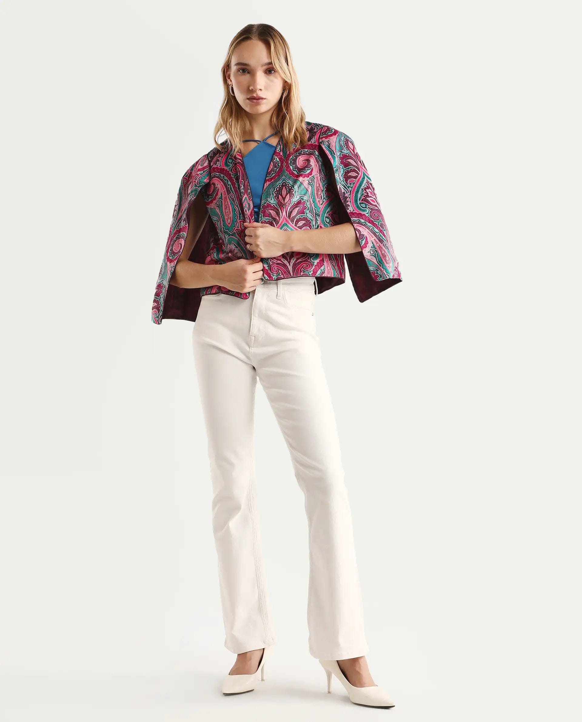 Rareism Women's Fewdy Multi Polyester Blend Collarless Paisley Print Crop Regular Fit Jacket