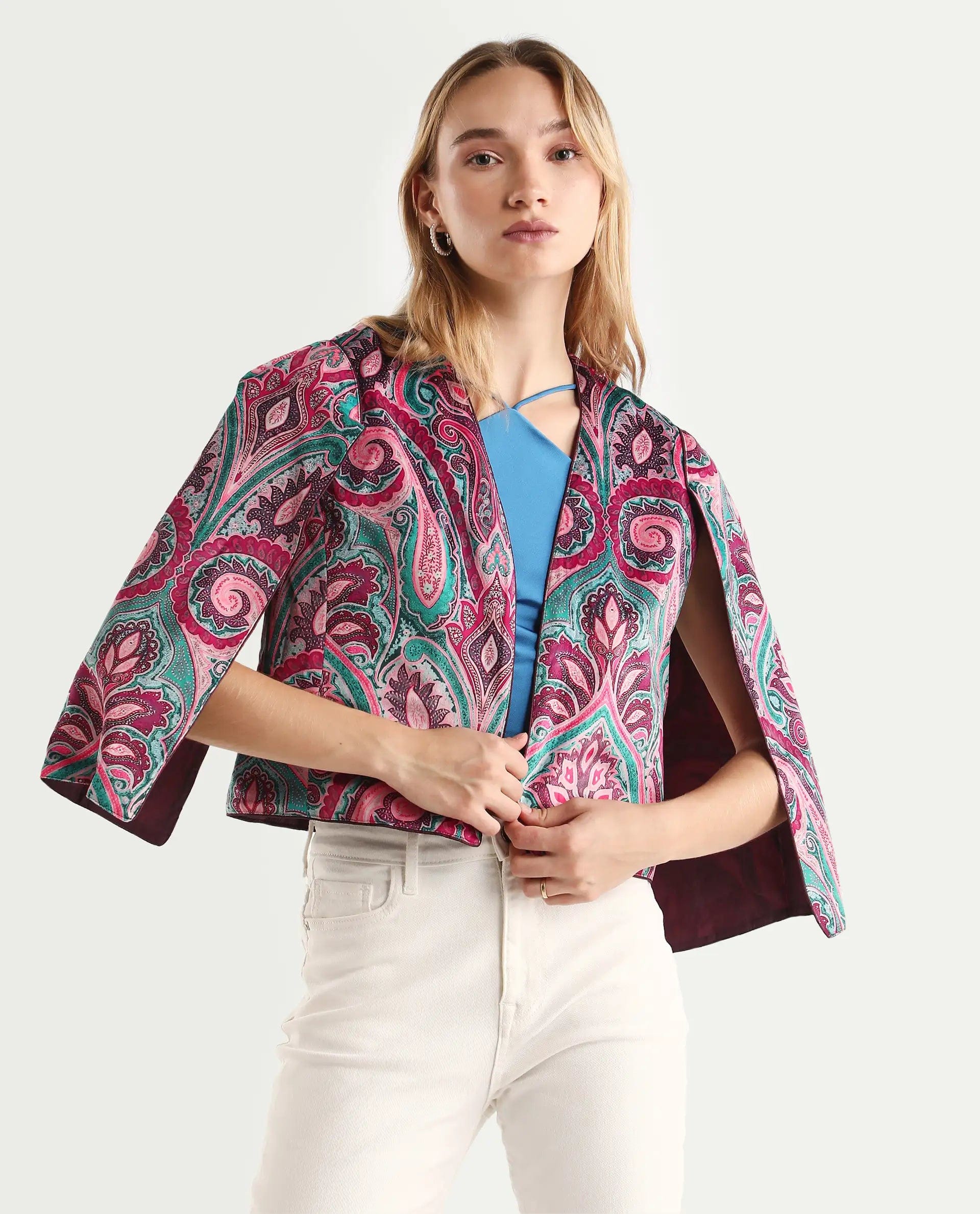 Rareism Women's Fewdy Multi Polyester Blend Collarless Paisley Print Crop Regular Fit Jacket