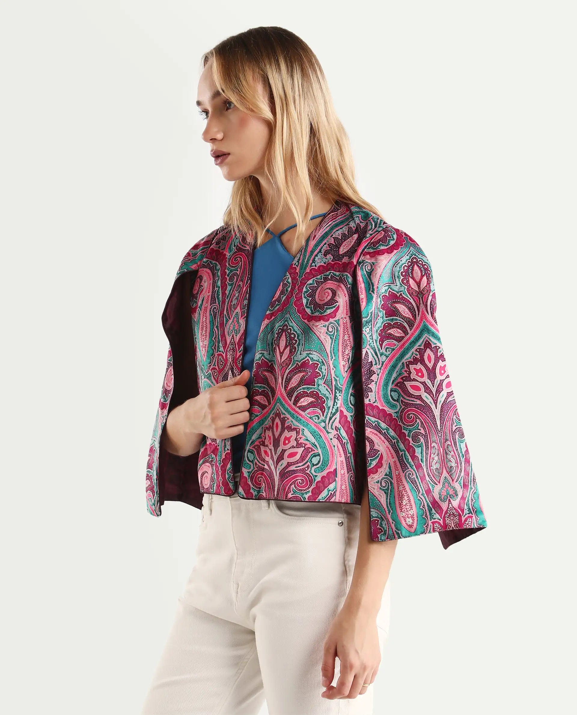 Rareism Women's Fewdy Multi Polyester Blend Collarless Paisley Print Crop Regular Fit Jacket