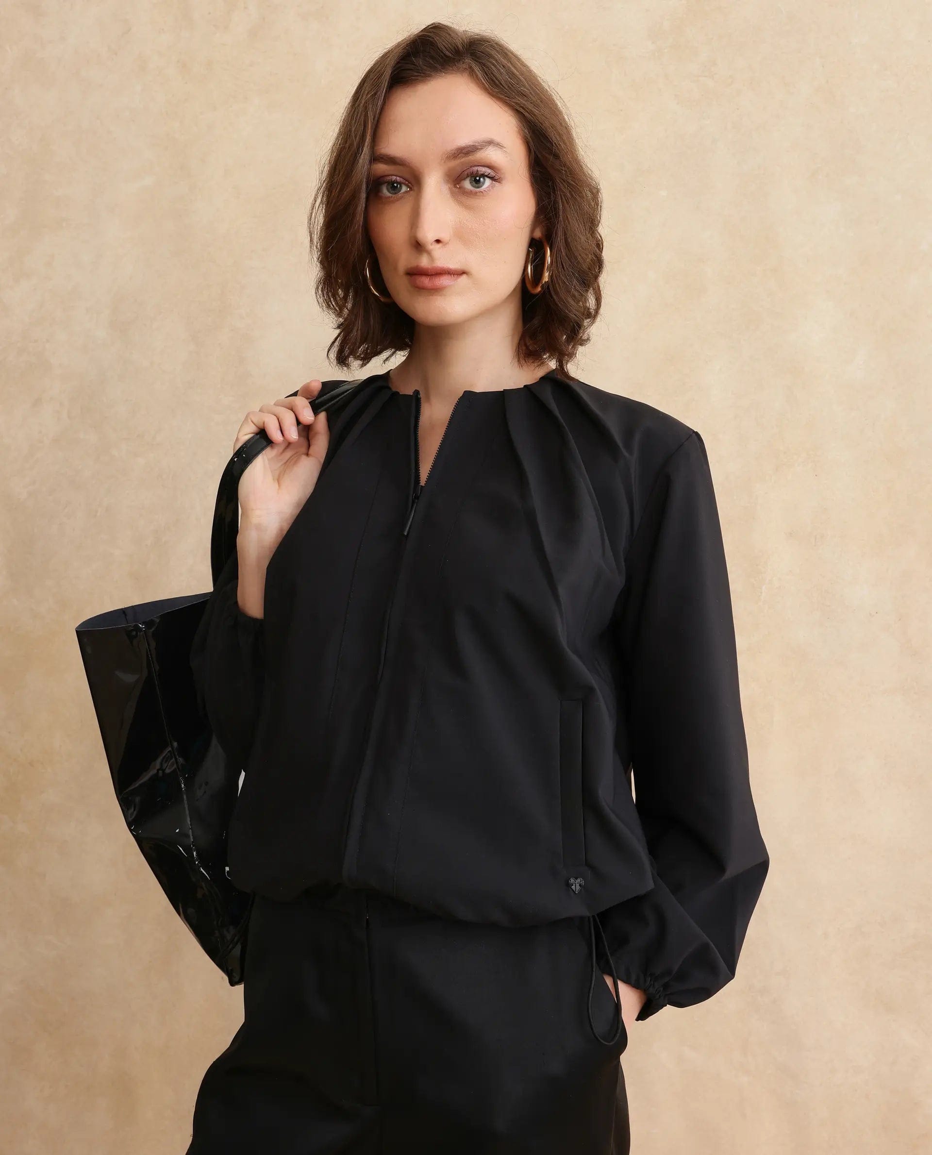 Rareism Women's Dockly Black Crew Neck Plain Regular Fit Jacket