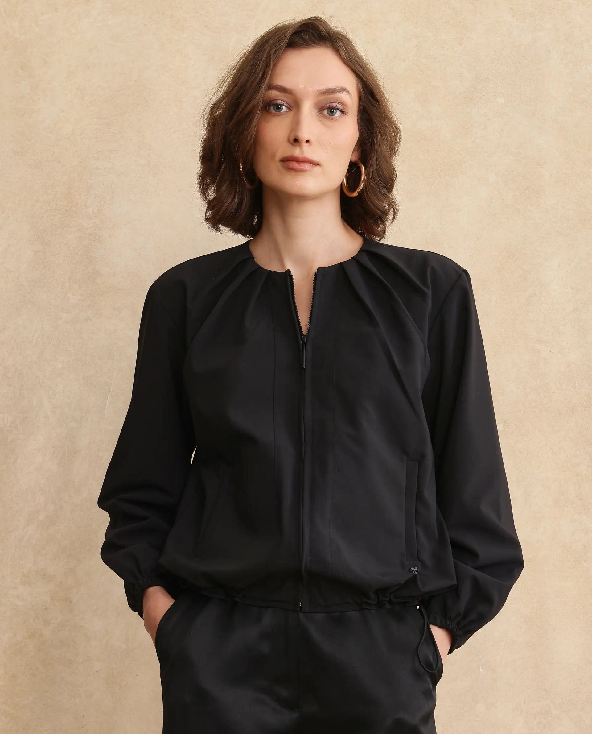 Rareism Women's Dockly Black Crew Neck Plain Regular Fit Jacket
