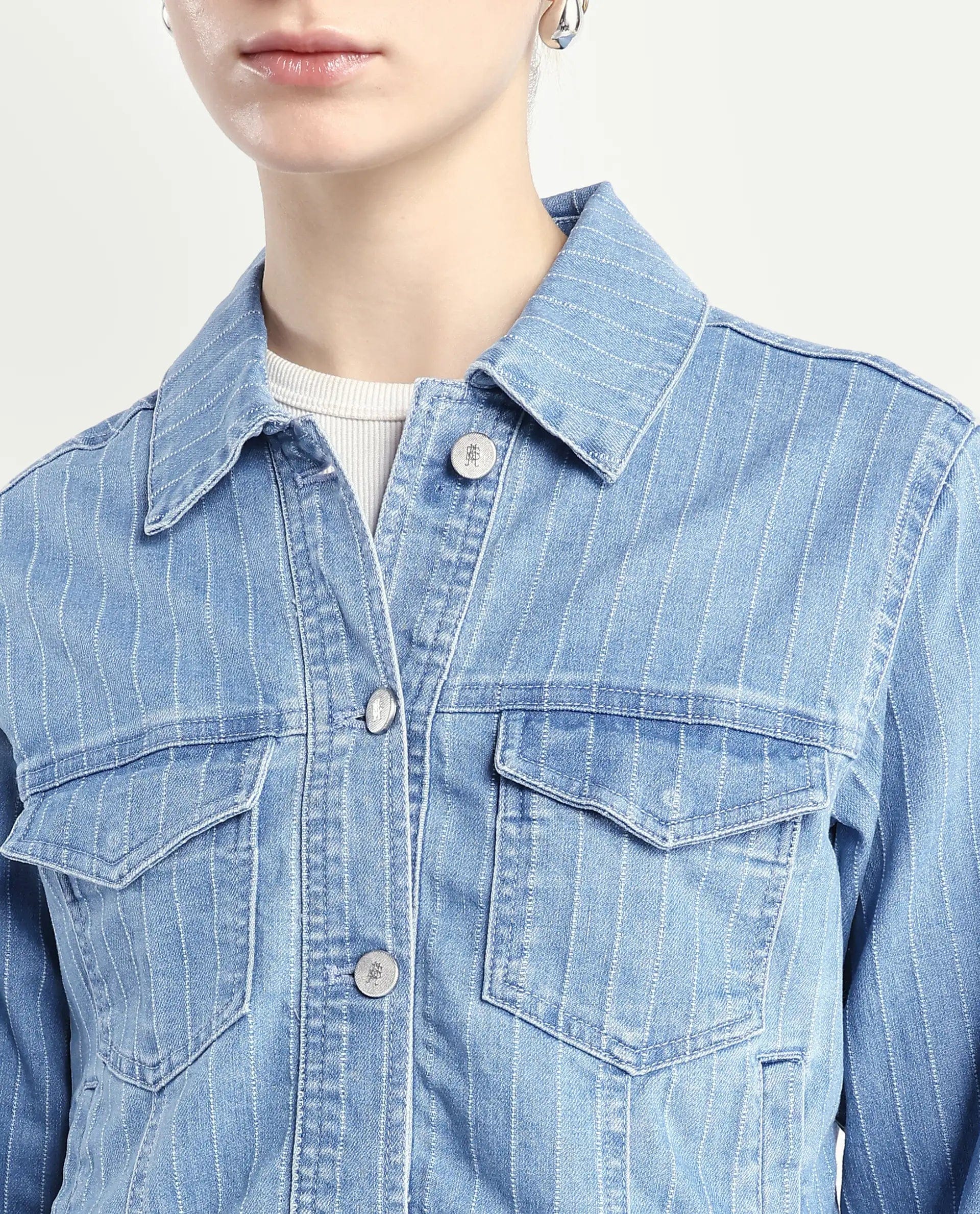 Rareism Women's Luz Light Blue Cotton Blend Spread Collar Striped Cuffed Sleeve Regular Fit Jacket