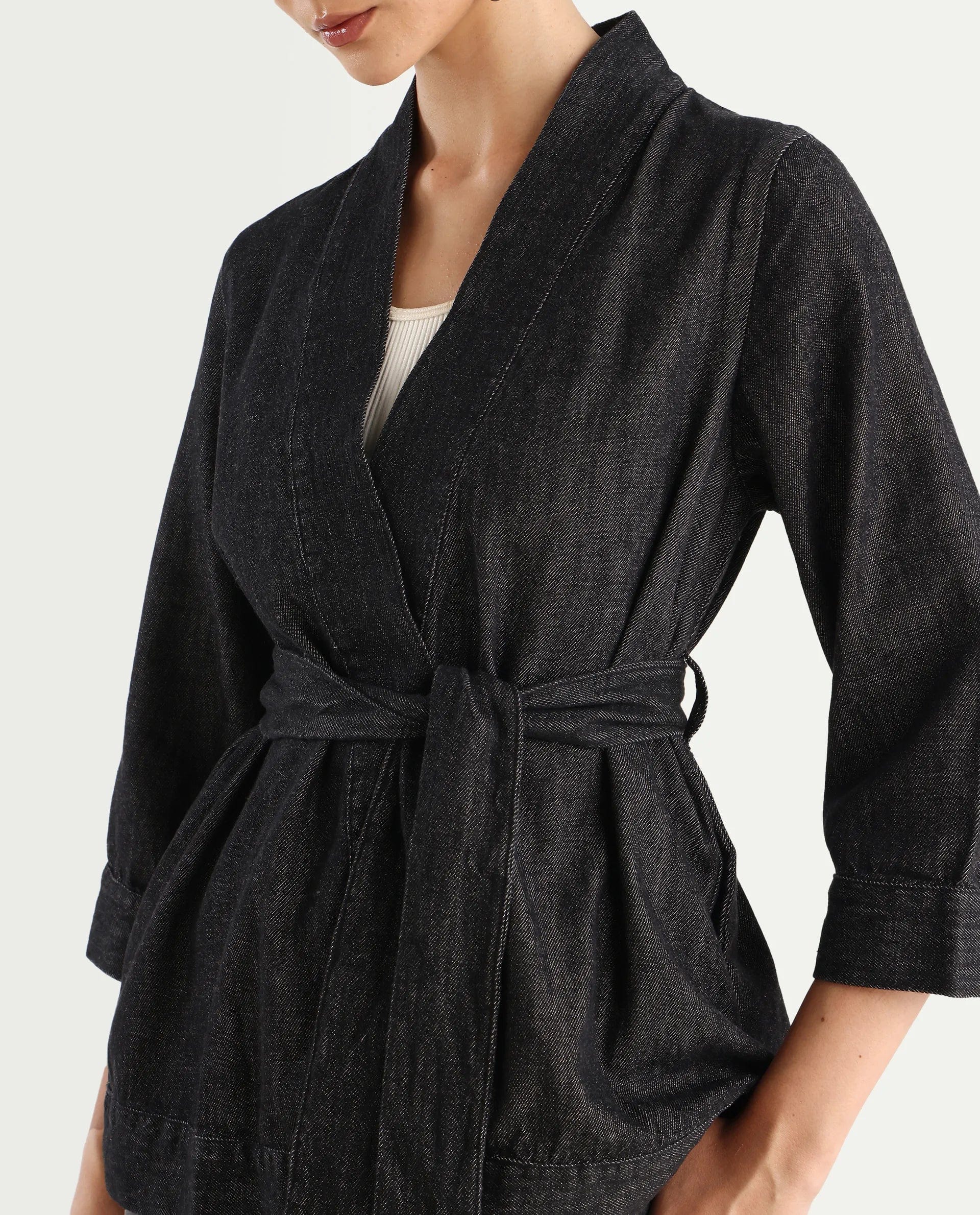 Rareism Women's Zezamy Black Cotton Wrap Neck Plain Regular Fit Jacket
