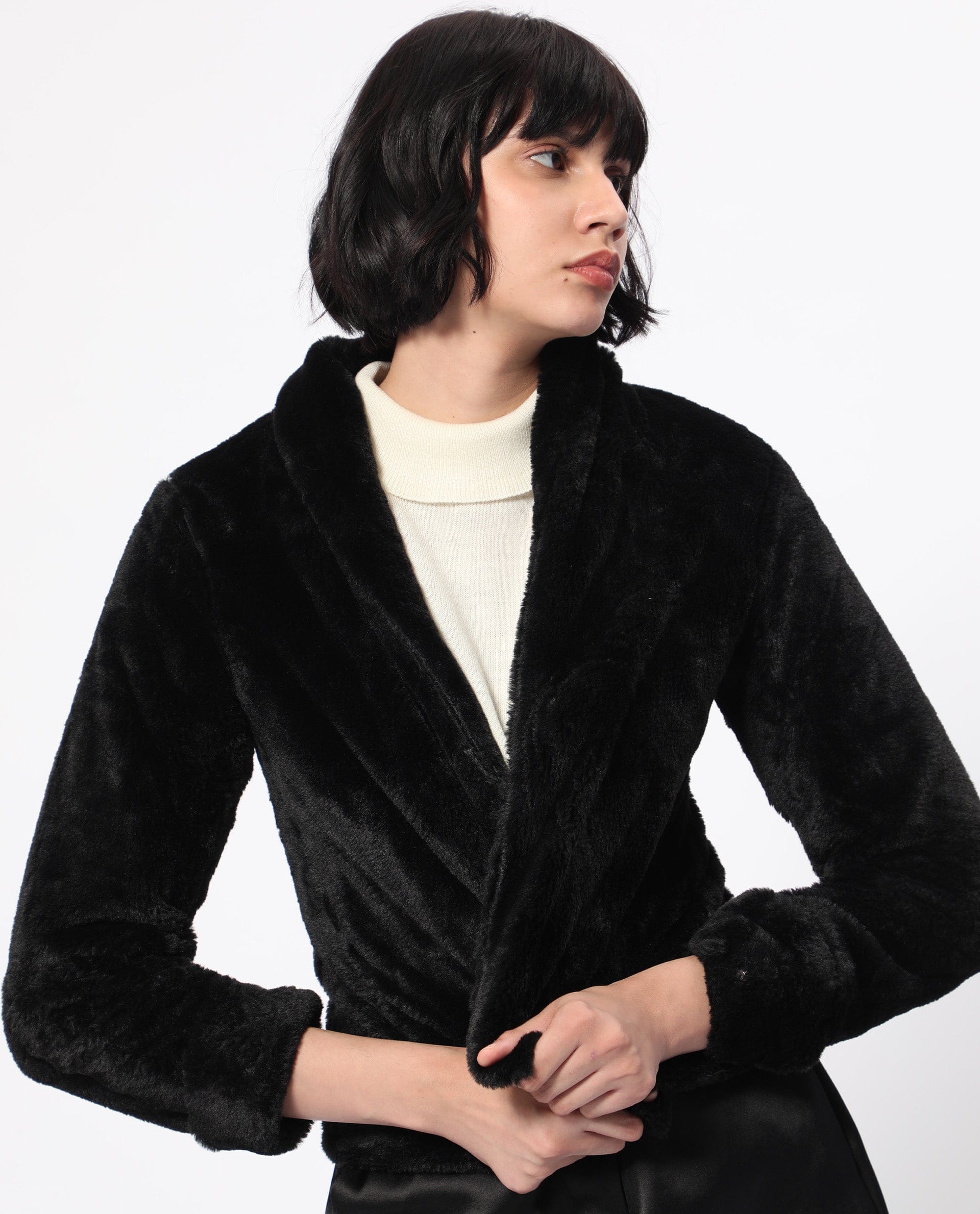 Rareism Women's Schella Black Polyester High Neck Plain Regular Fit Jacket