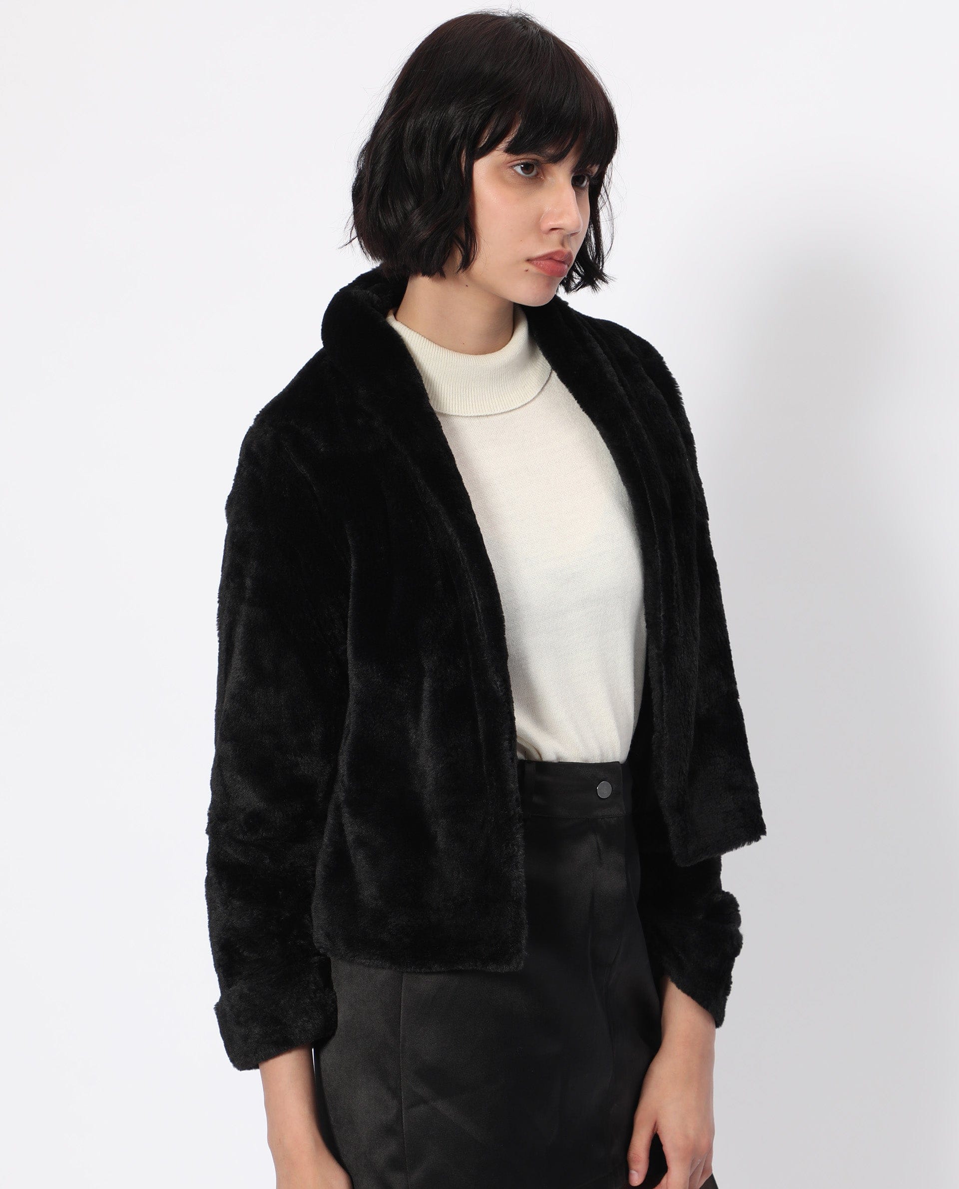 Rareism Women's Schella Black Polyester High Neck Plain Regular Fit Jacket