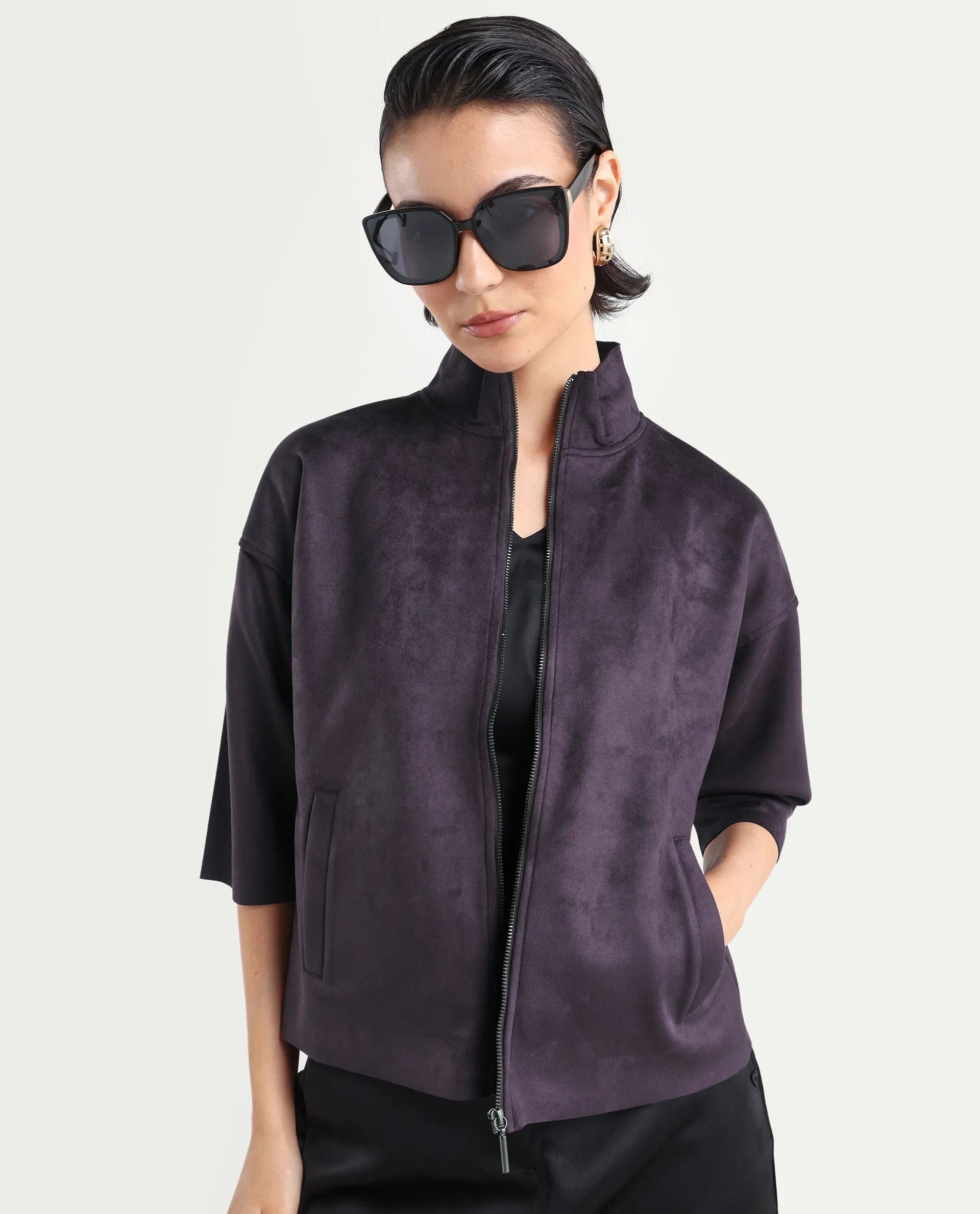 Rareism Women's Vasu - 25 Purple Polyester Blend Crew Neck Regular Fit Jacket