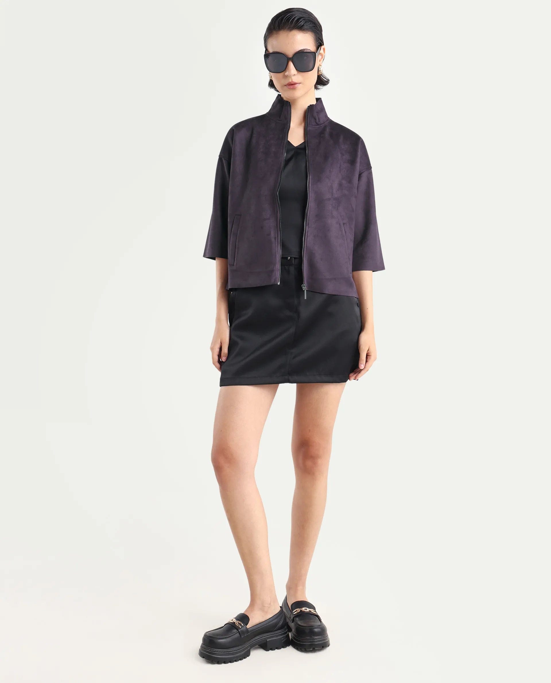 Rareism Women's Vasu - 25 Purple Polyester Blend Crew Neck Regular Fit Jacket