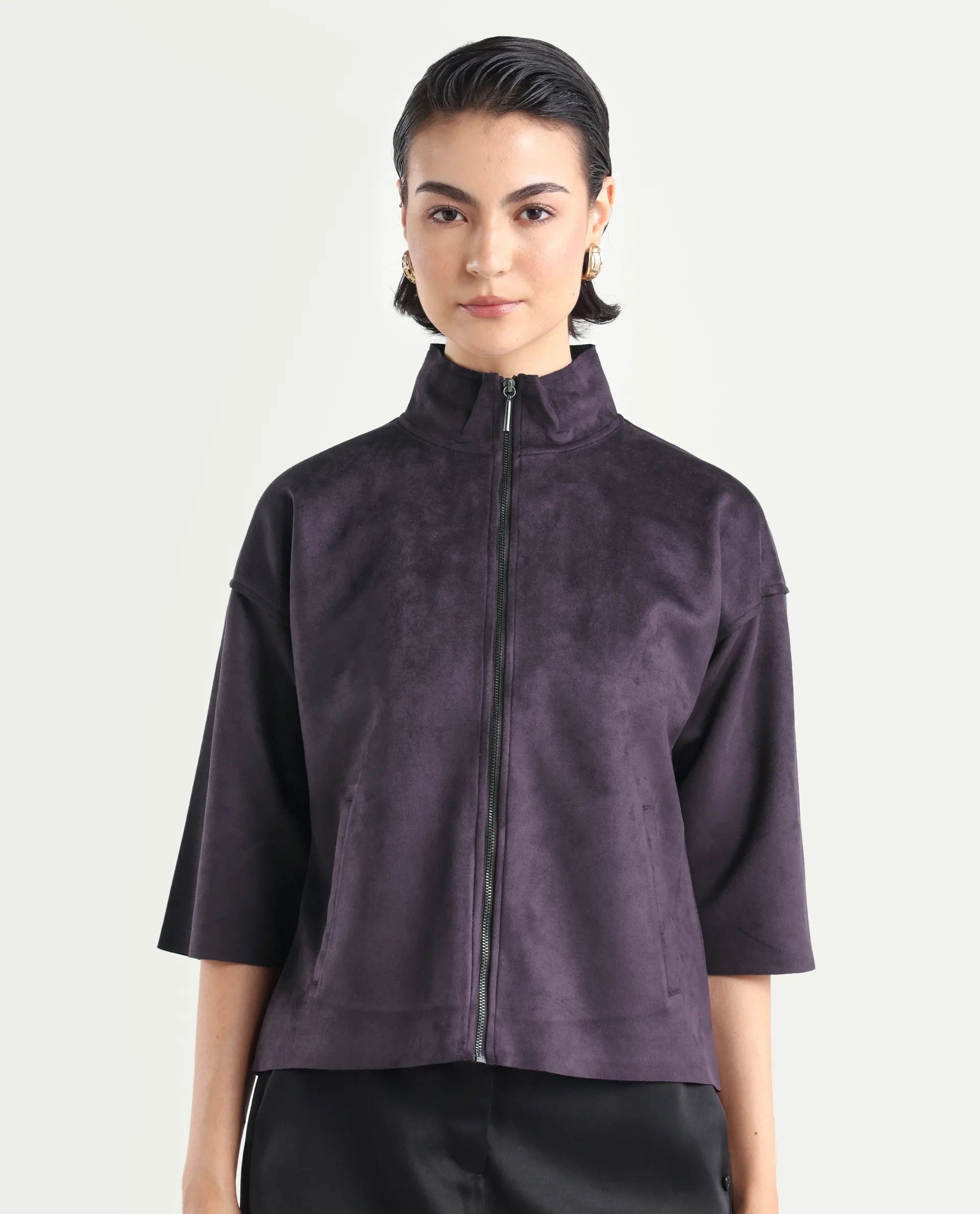 Rareism Women's Vasu - 25 Purple Polyester Blend Crew Neck Regular Fit Jacket