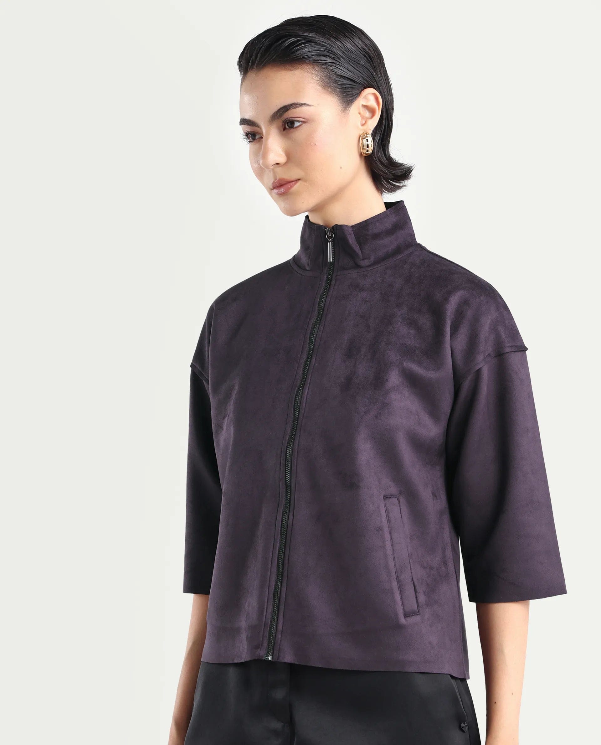 Rareism Women's Vasu - 25 Purple Polyester Blend Crew Neck Regular Fit Jacket