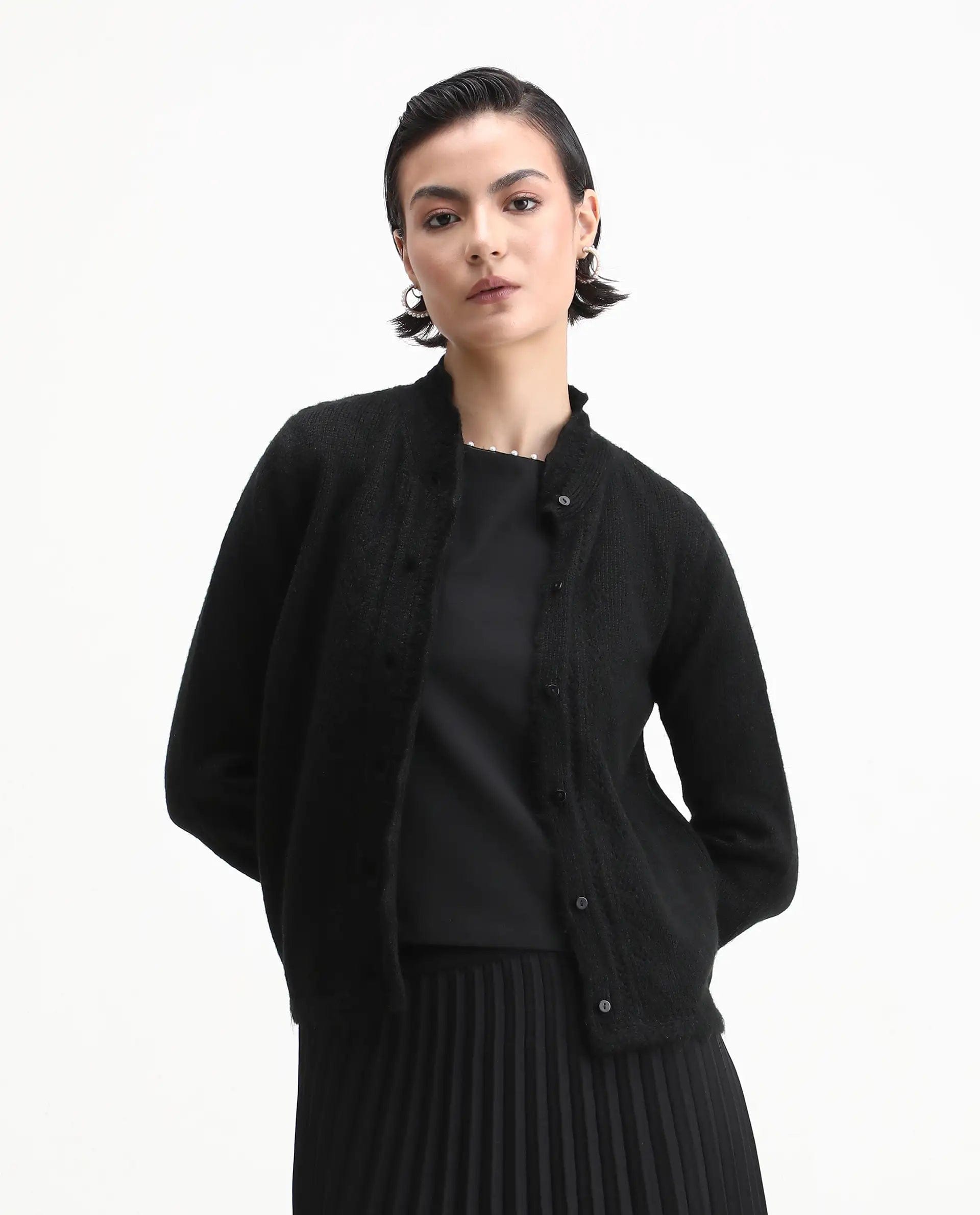 Rareism Women's Zika Black Acrylic Blend Crew Neck Regular Fit Shrug