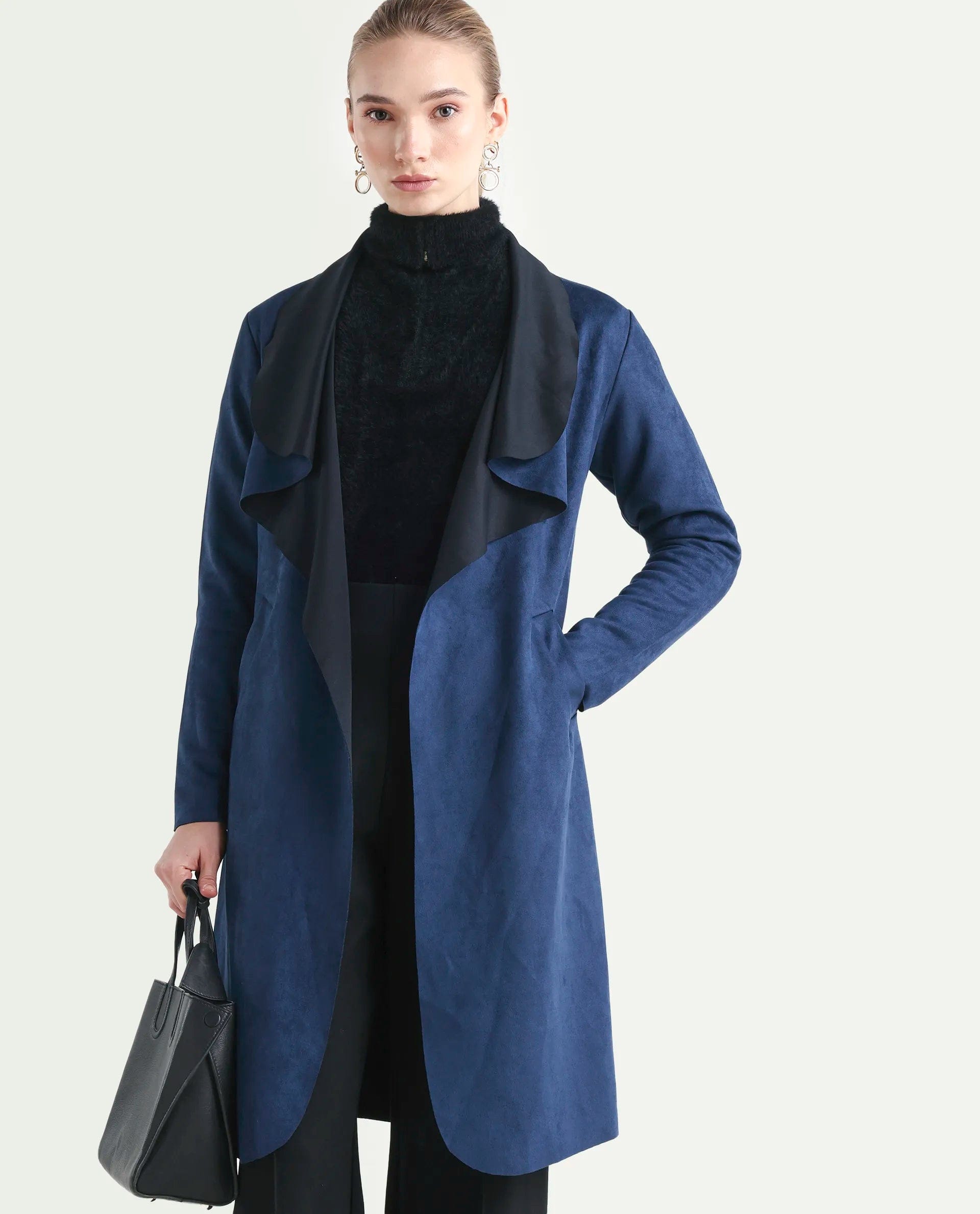 Rareism Women's Palmer - 25 Navy Polyester Blend Lapel Neck Regular Fit Coat
