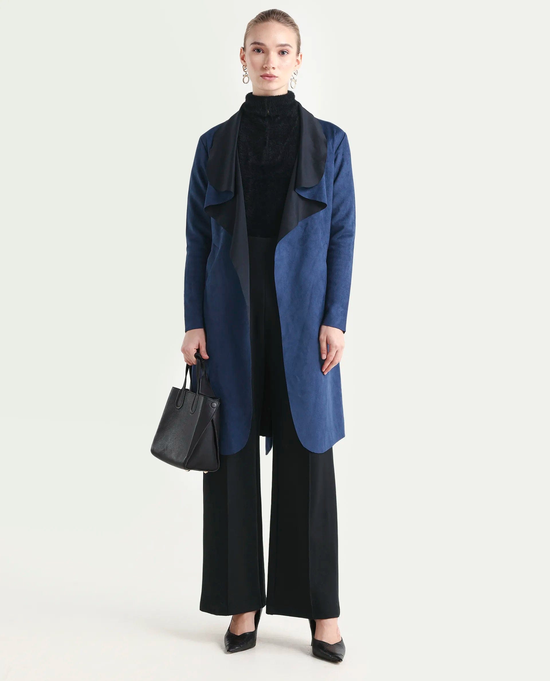 Rareism Women's Palmer - 25 Navy Polyester Blend Lapel Neck Regular Fit Coat