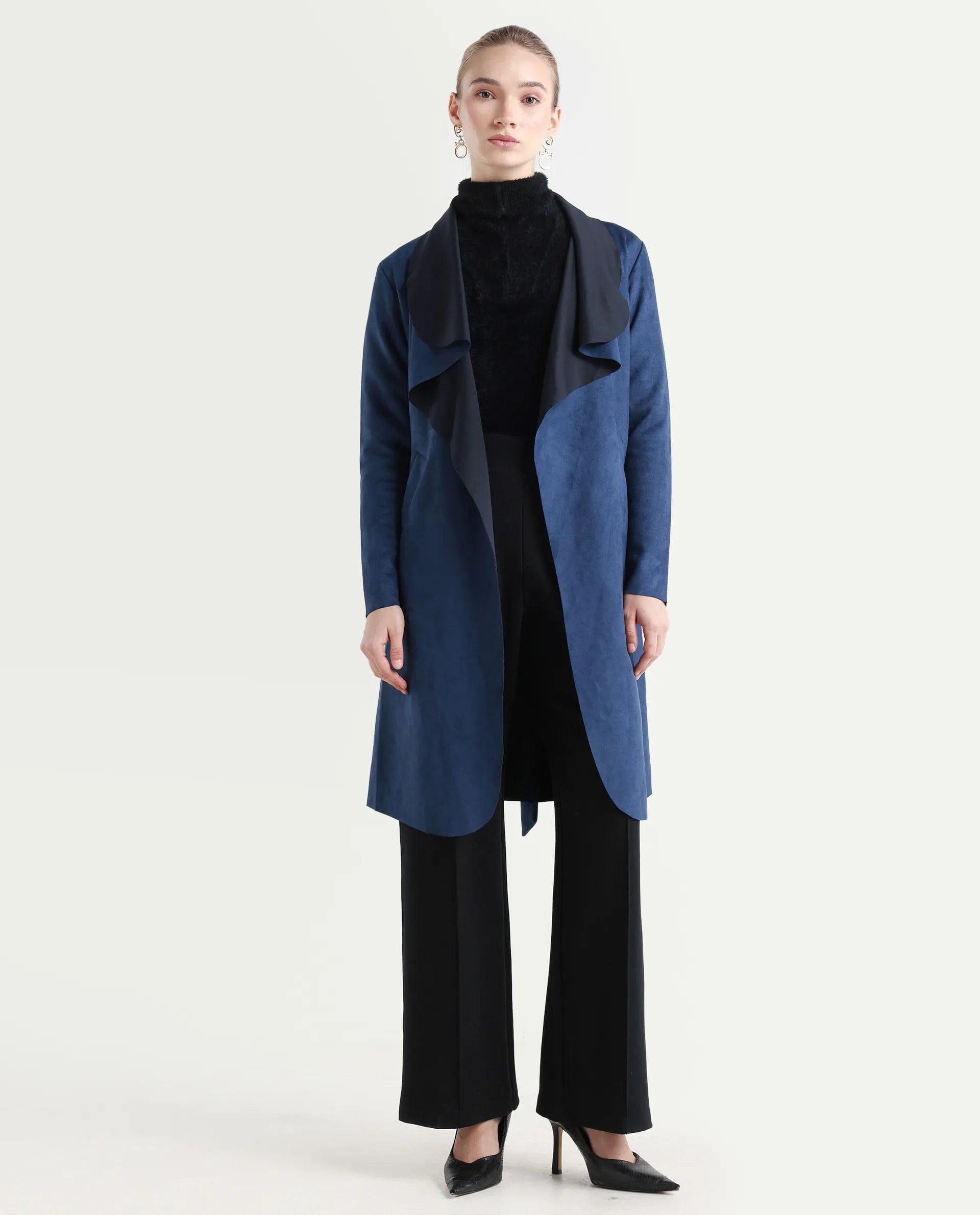 Rareism Women's Palmer - 25 Navy Polyester Blend Lapel Neck Regular Fit Coat