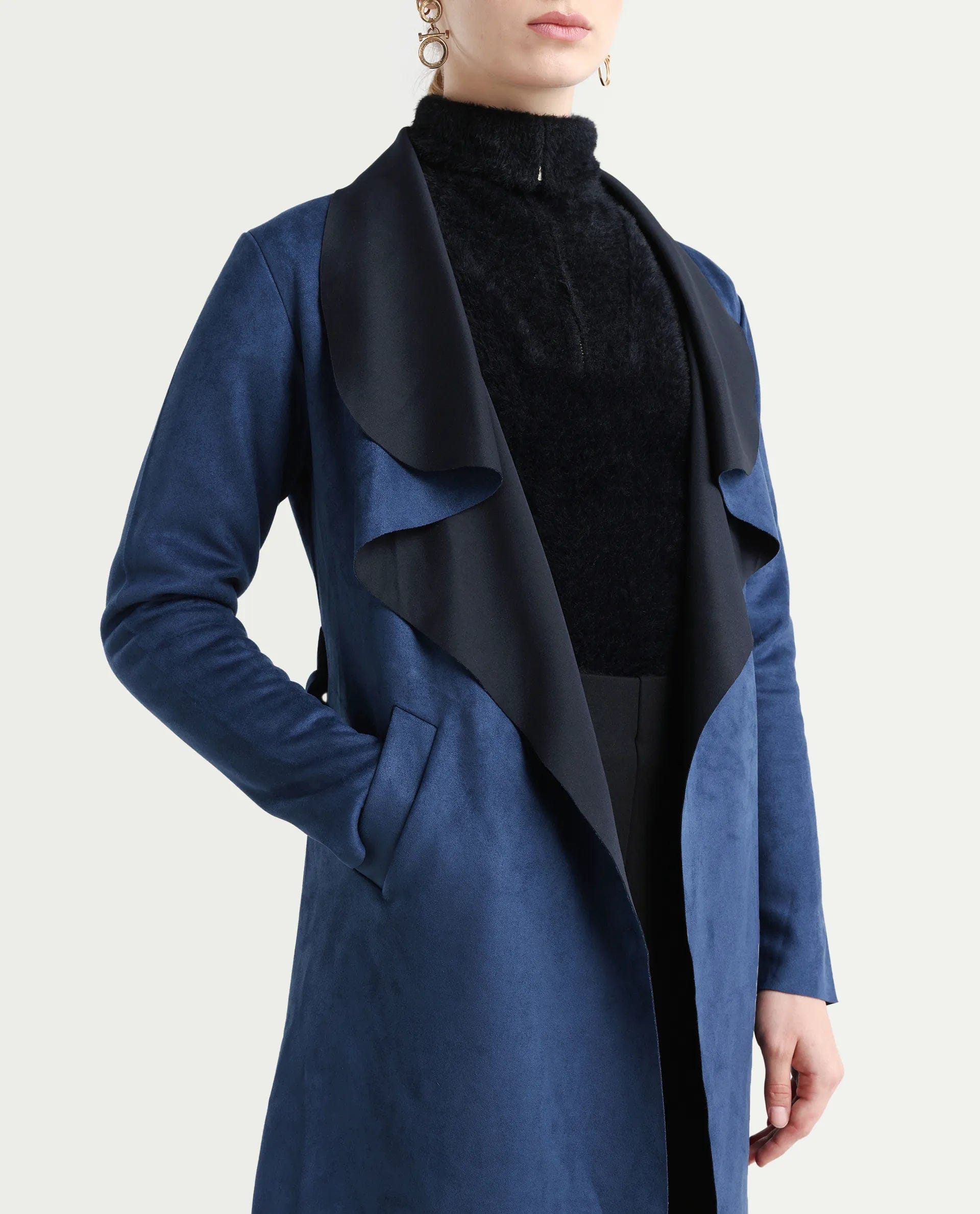 Rareism Women's Palmer - 25 Navy Polyester Blend Lapel Neck Regular Fit Coat