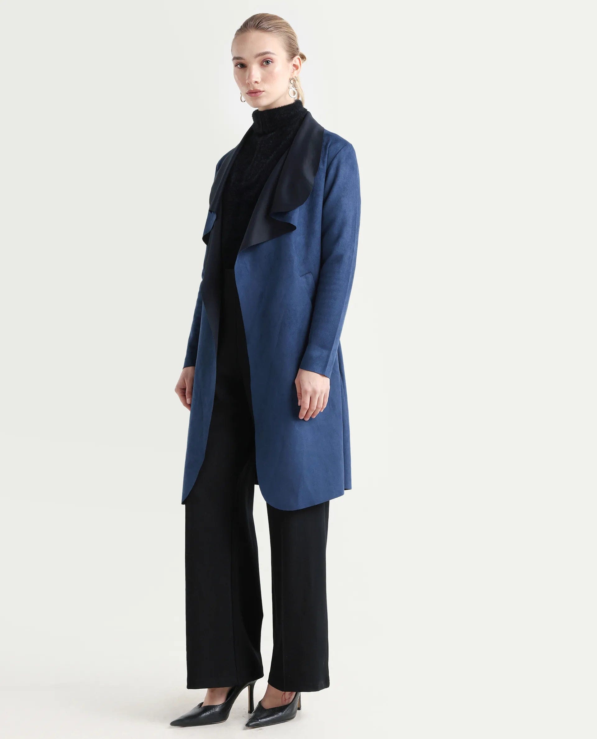 Rareism Women's Palmer - 25 Navy Polyester Blend Lapel Neck Regular Fit Coat