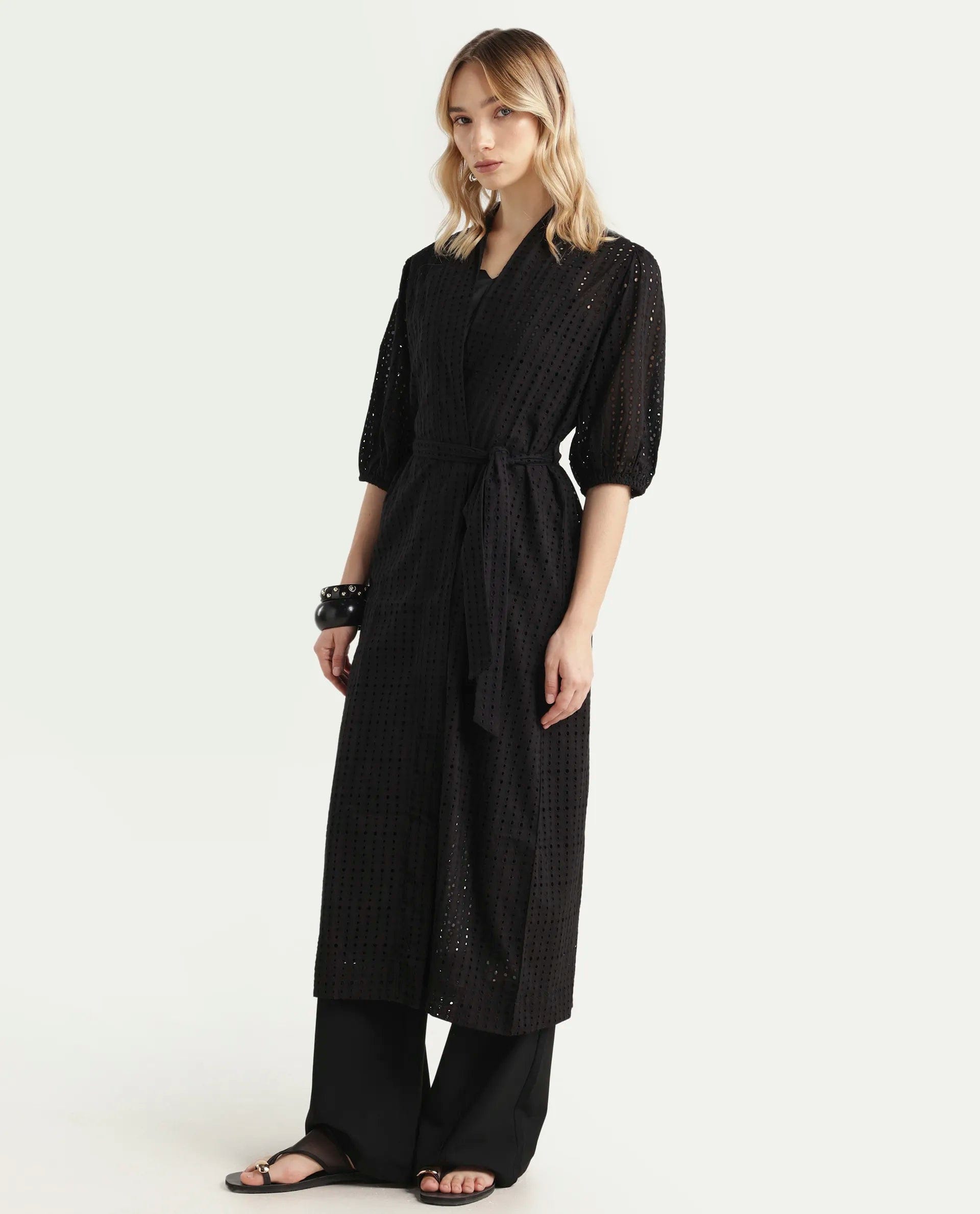 Rareism Women's Janslip Black Cotton Collarless Plain Balloon Sleeve Maxi Regular Fit Shrug