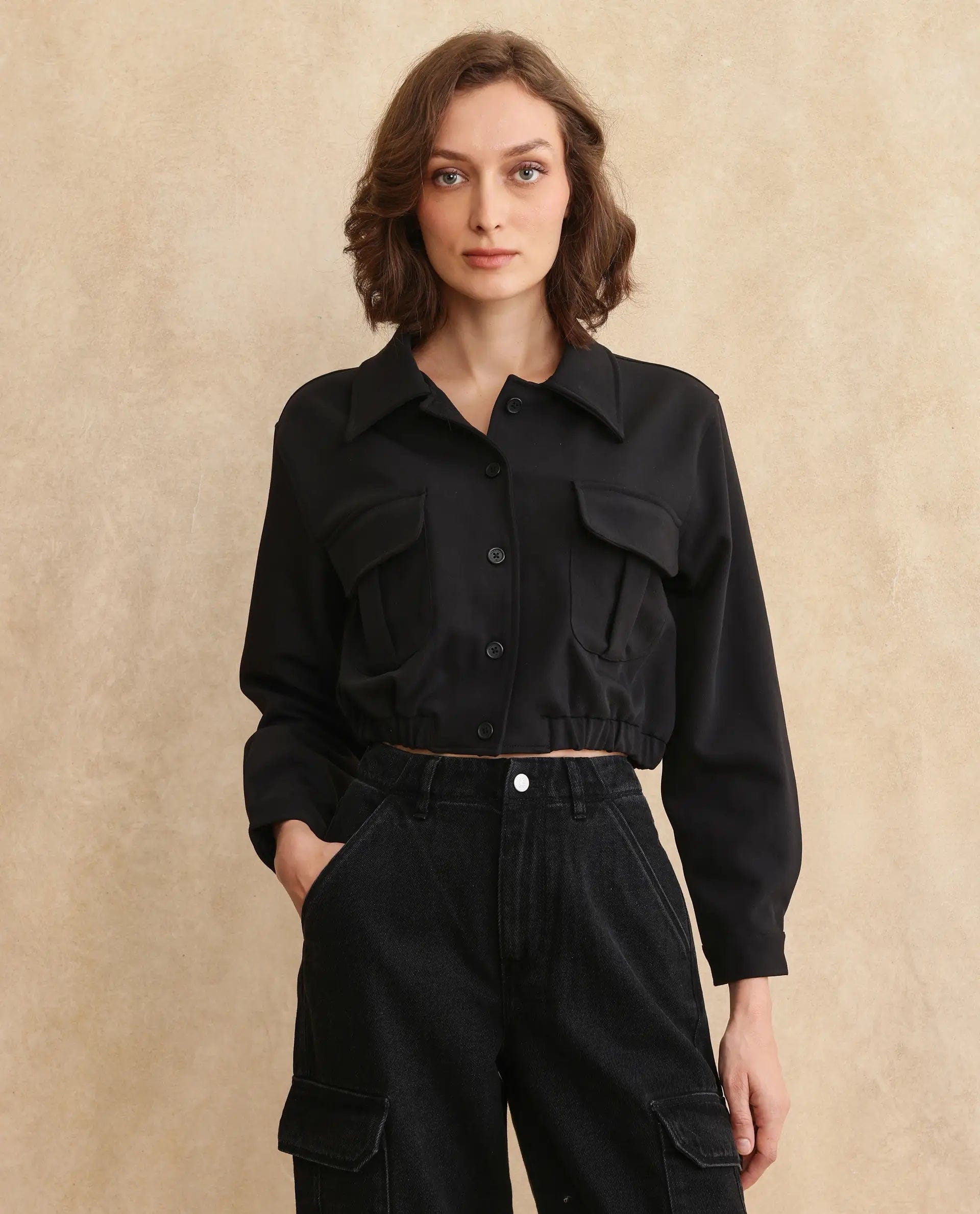 Rareism Women's Hobart Black Drop Collar Plain Cuffed Sleeve Crop Regular Fit Jacket