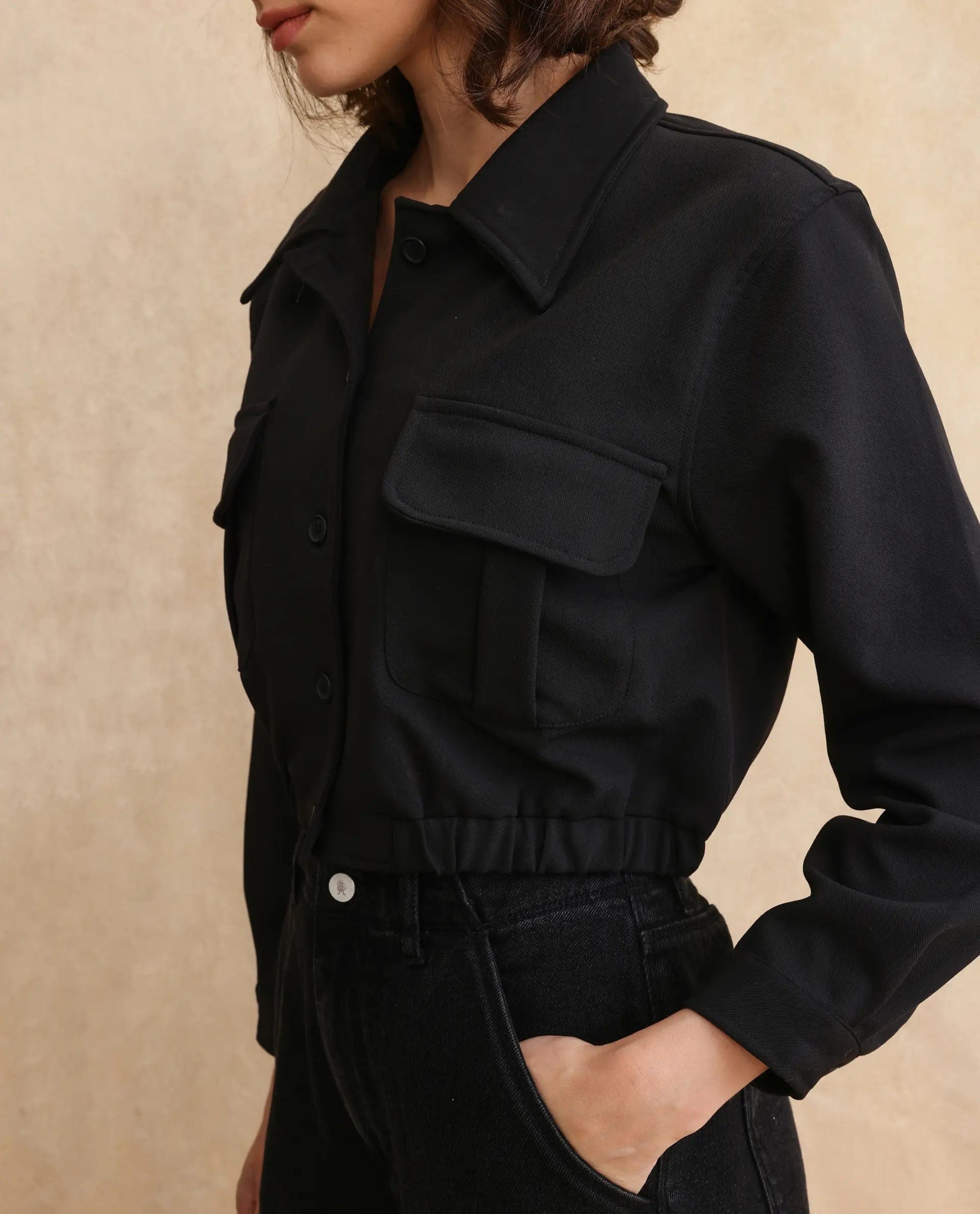 Rareism Women's Hobart Black Drop Collar Plain Cuffed Sleeve Crop Regular Fit Jacket