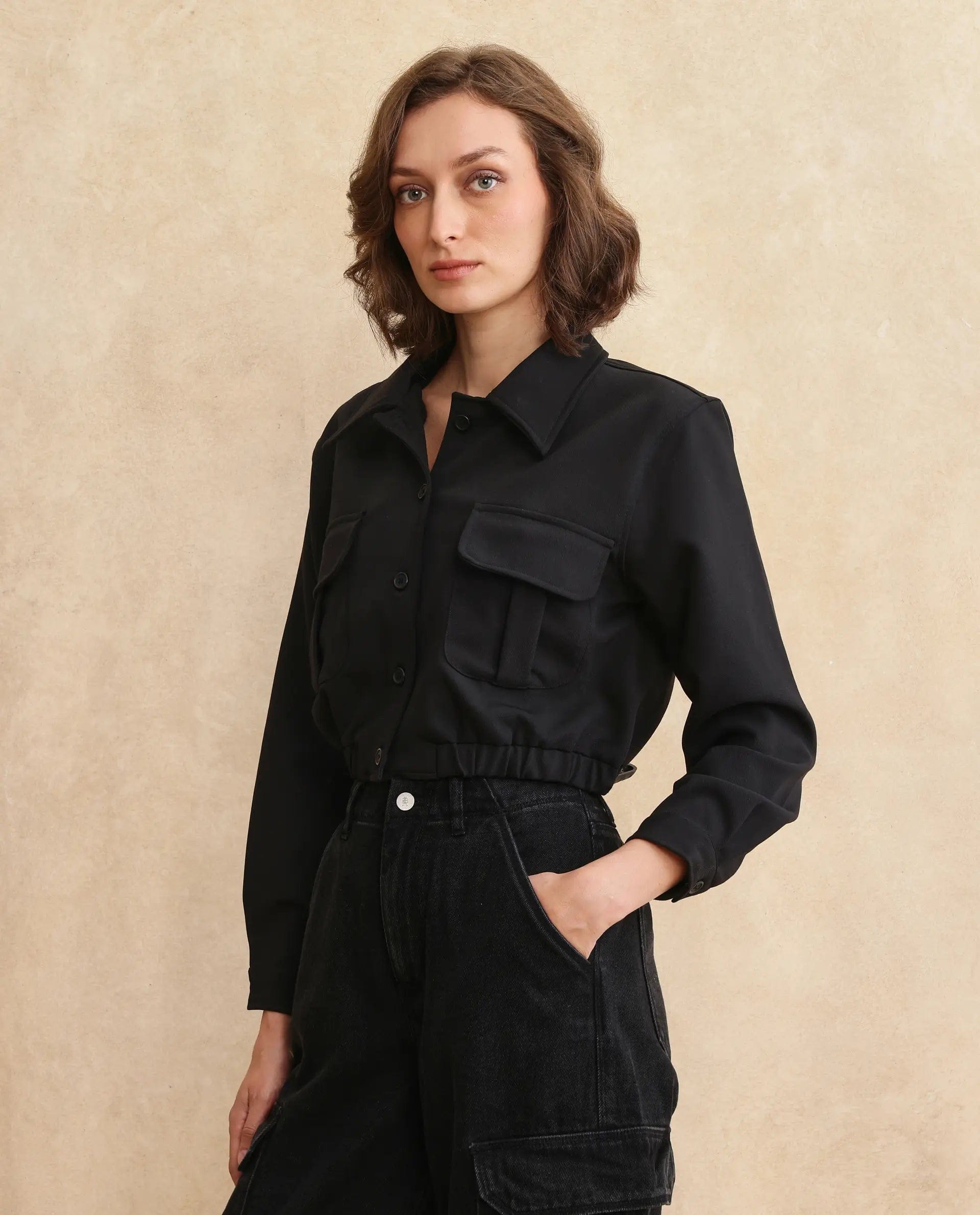 Rareism Women's Hobart Black Drop Collar Plain Cuffed Sleeve Crop Regular Fit Jacket