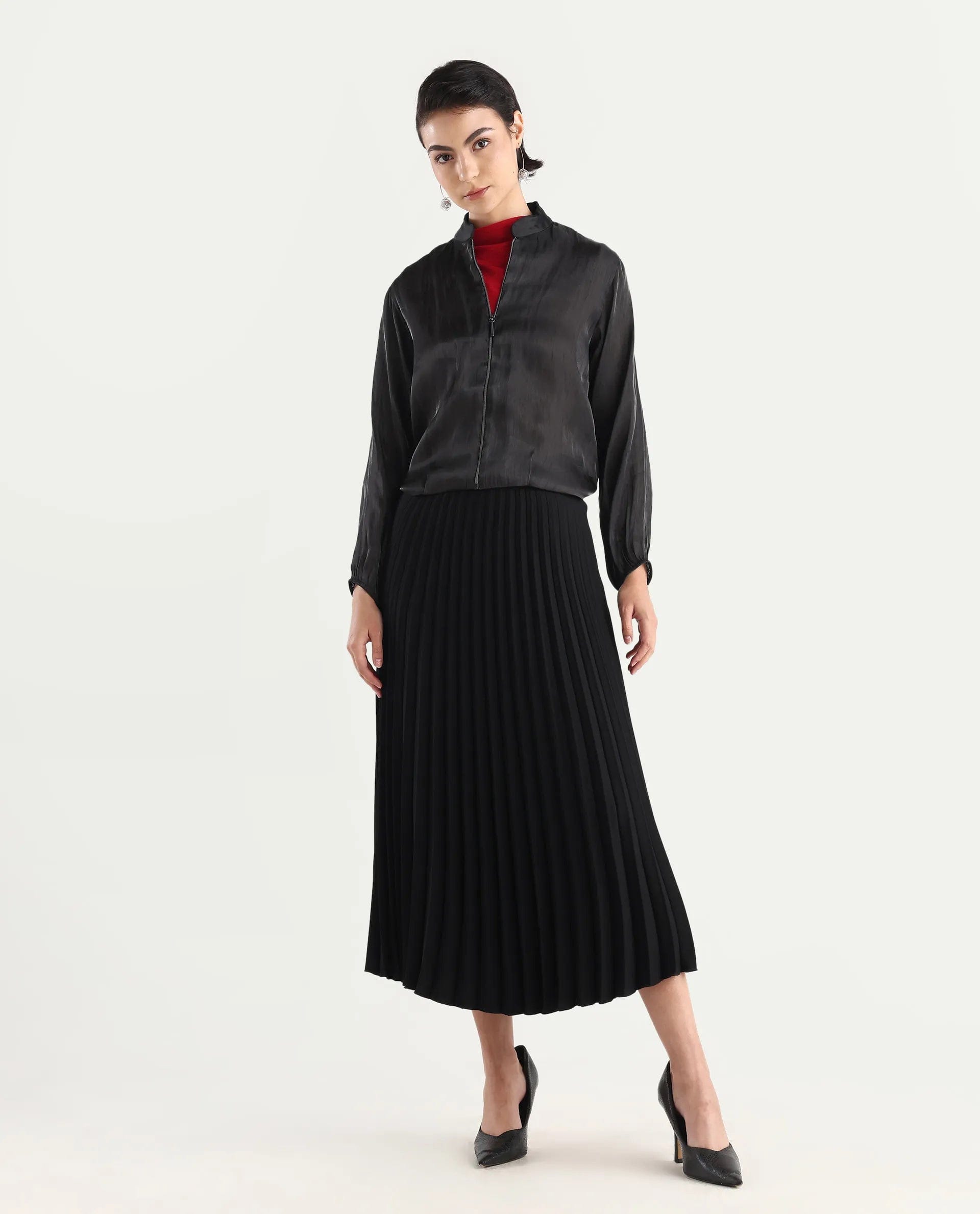 Rareism Women's Wals Black Mandarin Collar Plain Cuffed Sleeve Regular Fit Jacket
